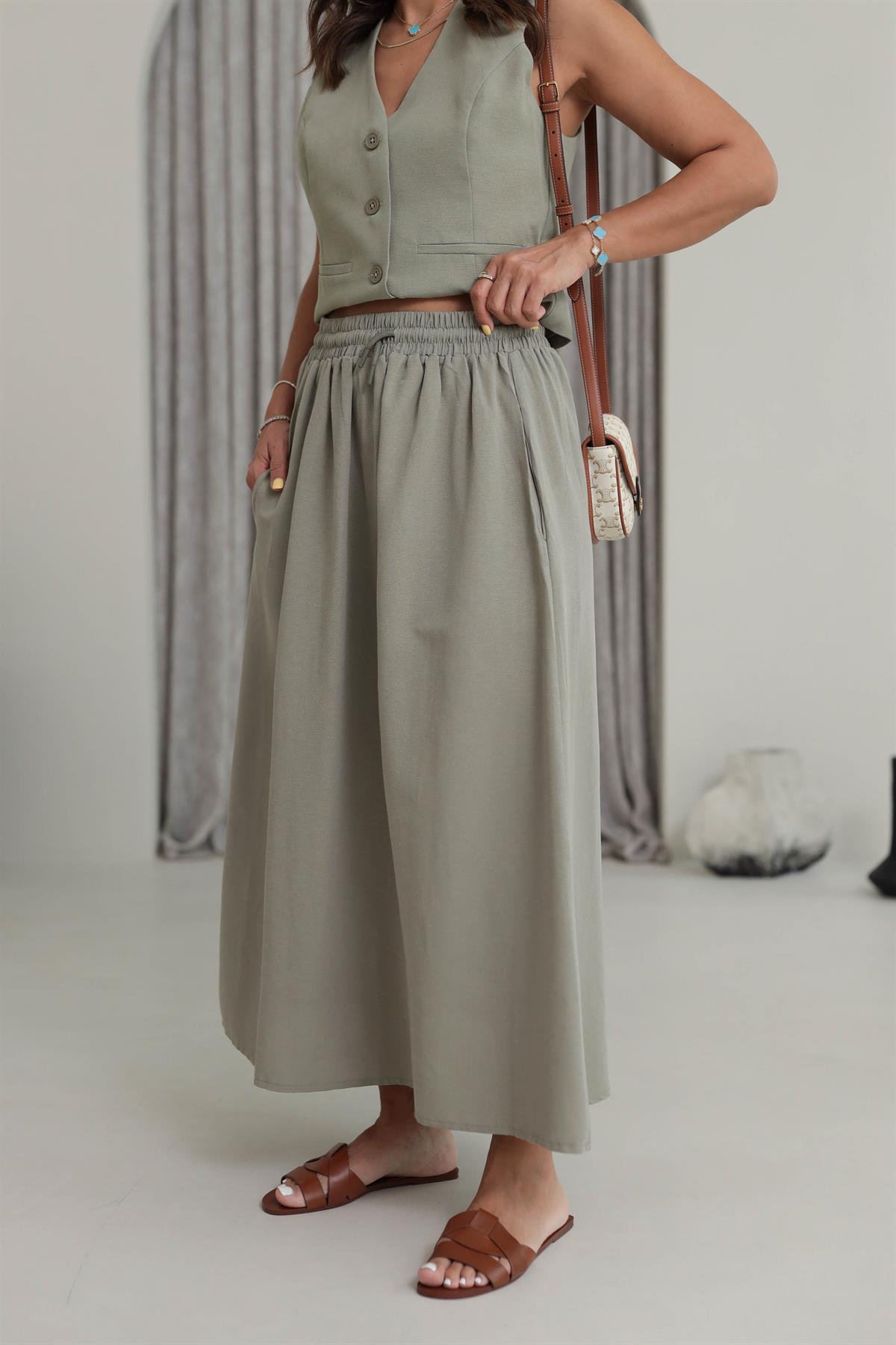 7730 Cepli Beli Lastikli Midi Etek HAKİ YEŞİL