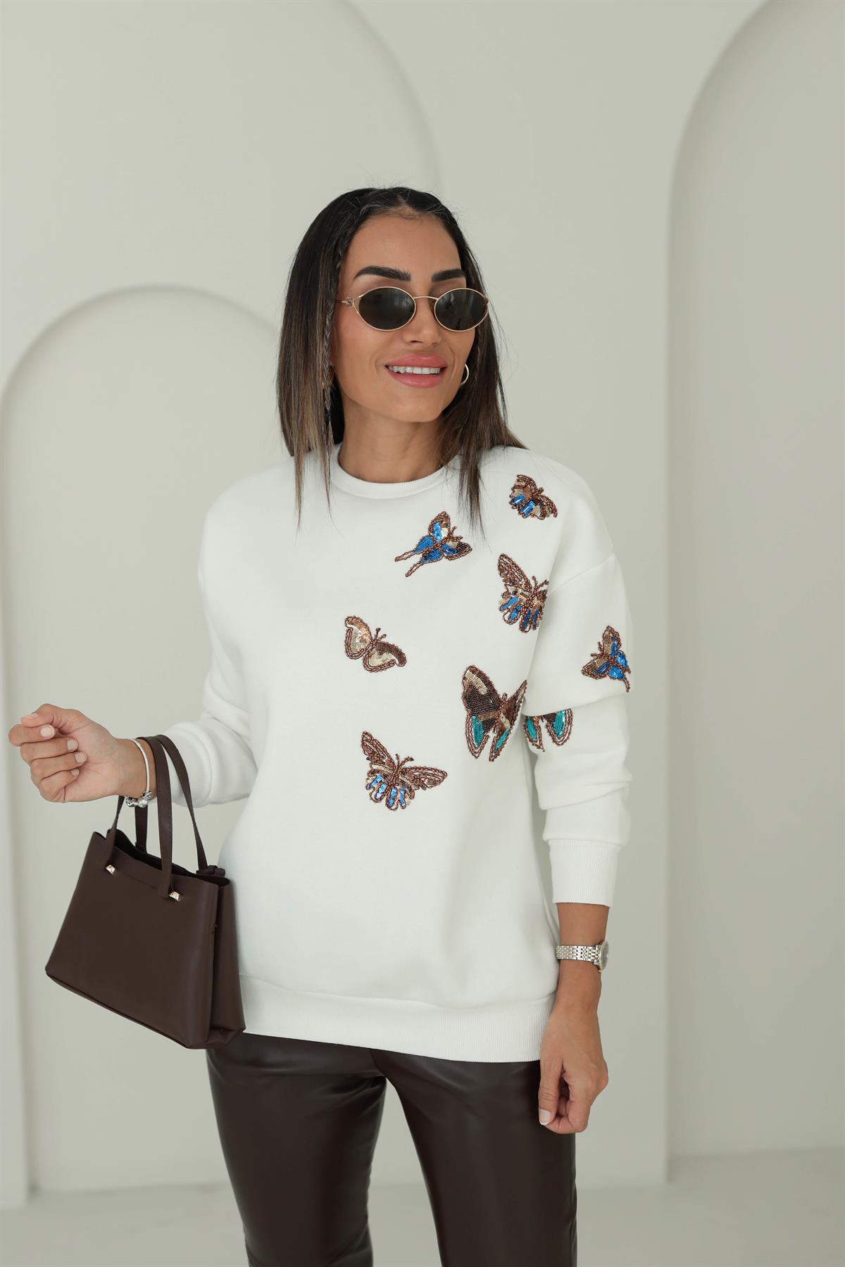 6542 Pullu Kelebek İşlemeli Şardonlu Sweatshirt EKRU