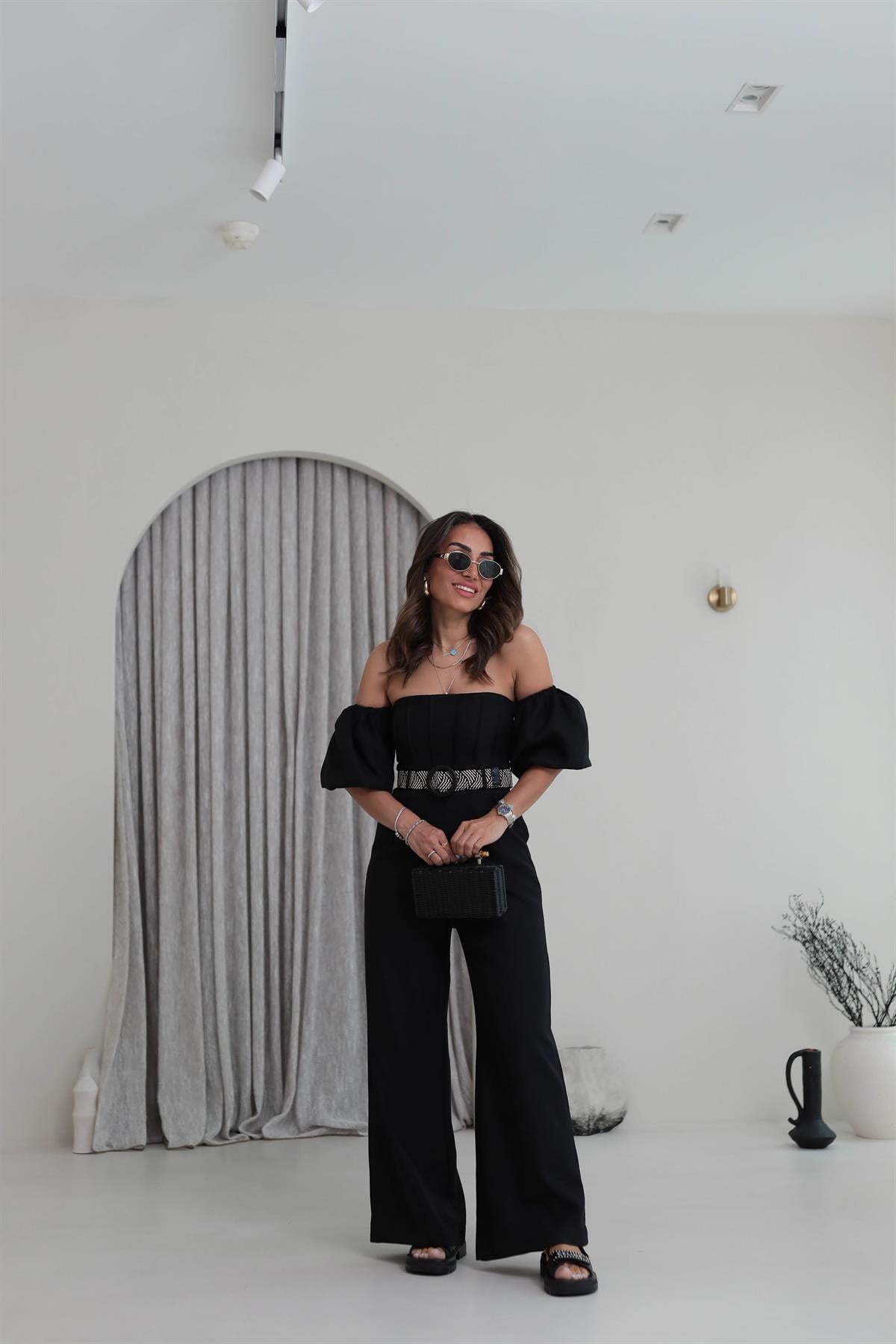 2387 Balon Bol Kemerli Keten Tulum SİYAH