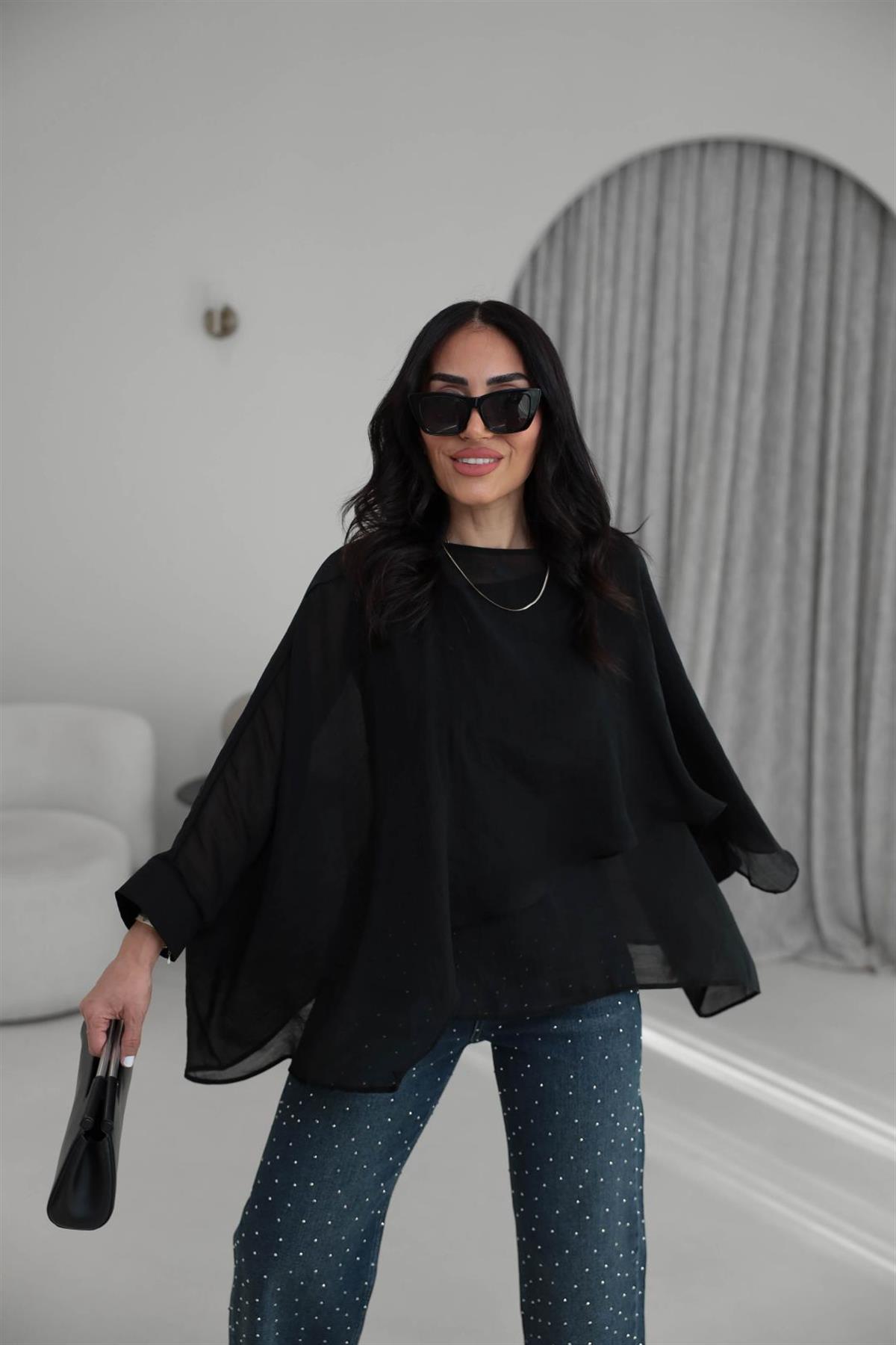 5026 Uçuşan Pelerin Bluz SİYAH