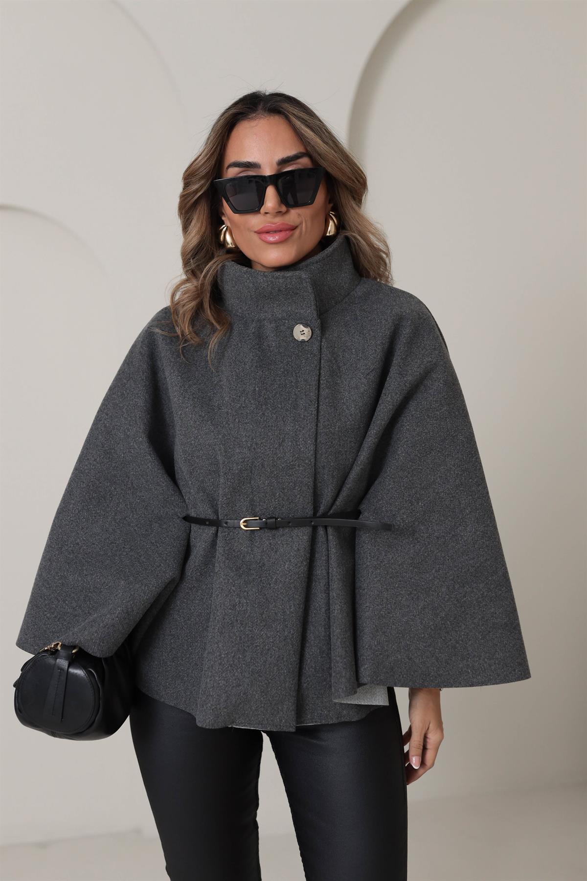 80167 Kemerli Dik Yaka Kaşe Panço ANTRASİT