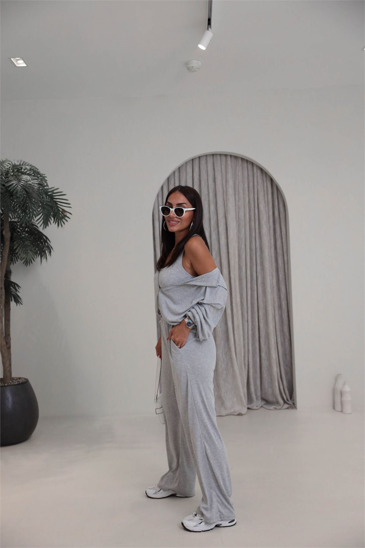 2862 Bralet Detaylı Üçlü Takım GRİ