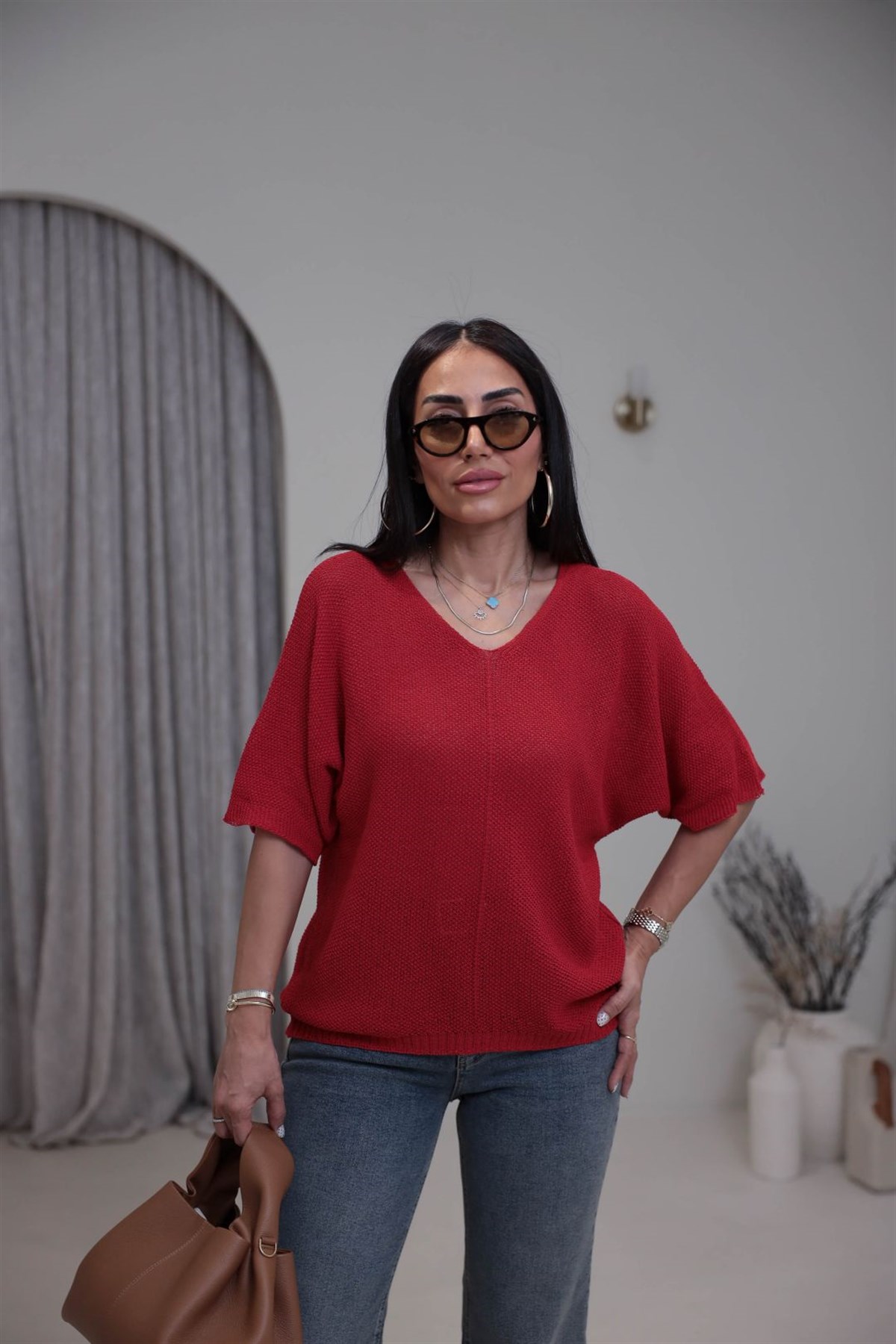 0174 Ajurlu Yarasa Kol Bluz KIRMIZI