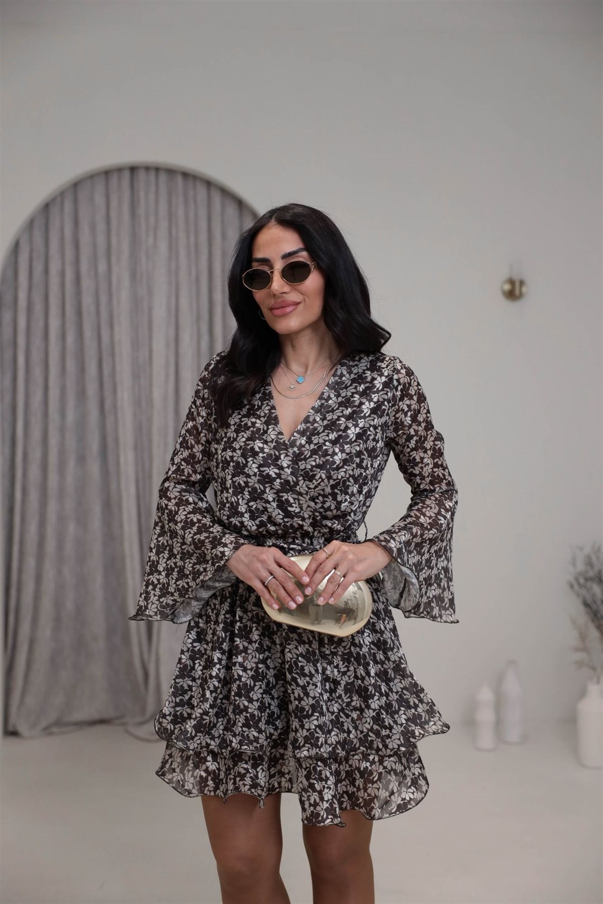 9279 Kruvaze Çiçekli Elbise KAHVE