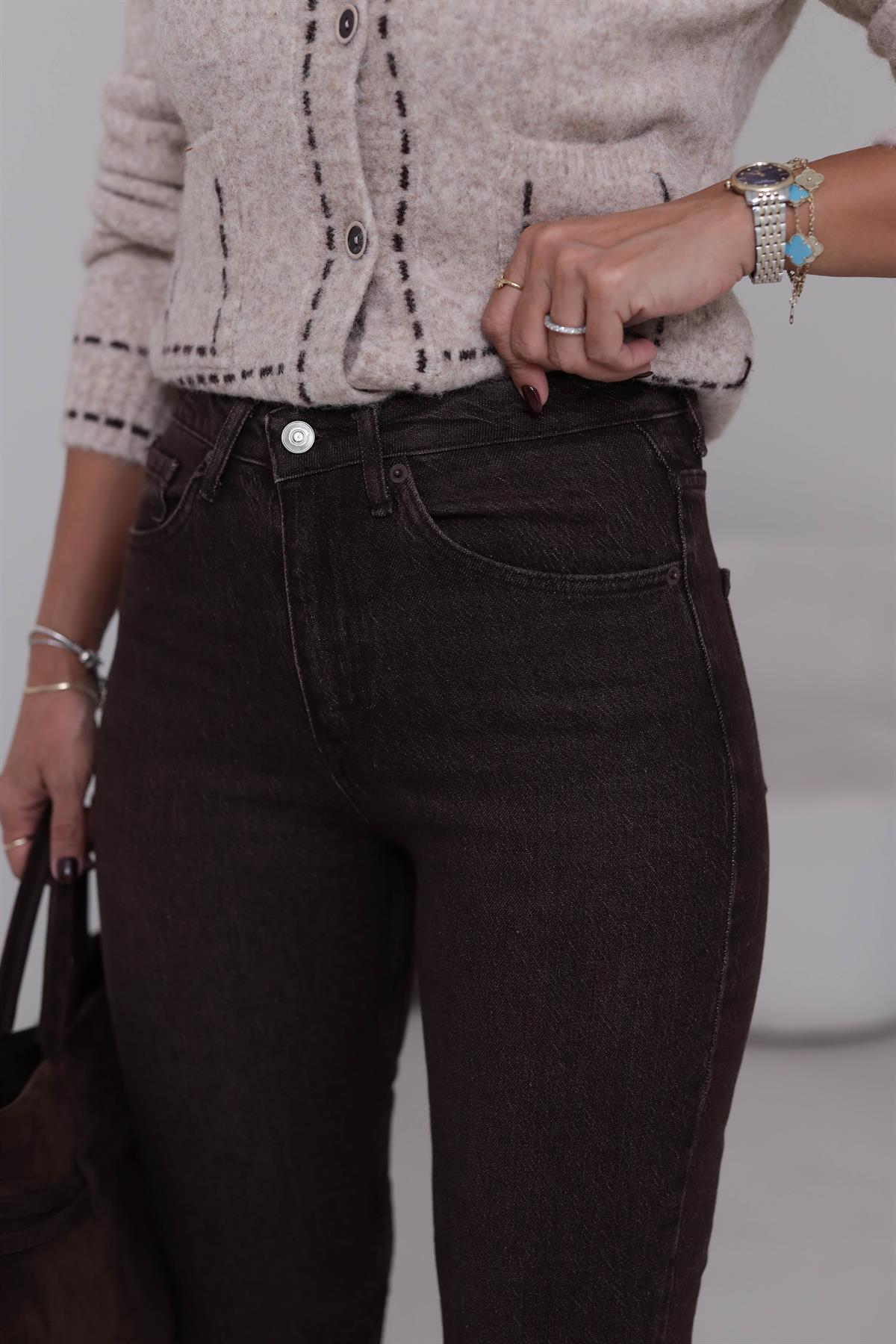 Za Lazer Kesikli Taşlama Kahve Boyfit  Jean ACI KAHVE