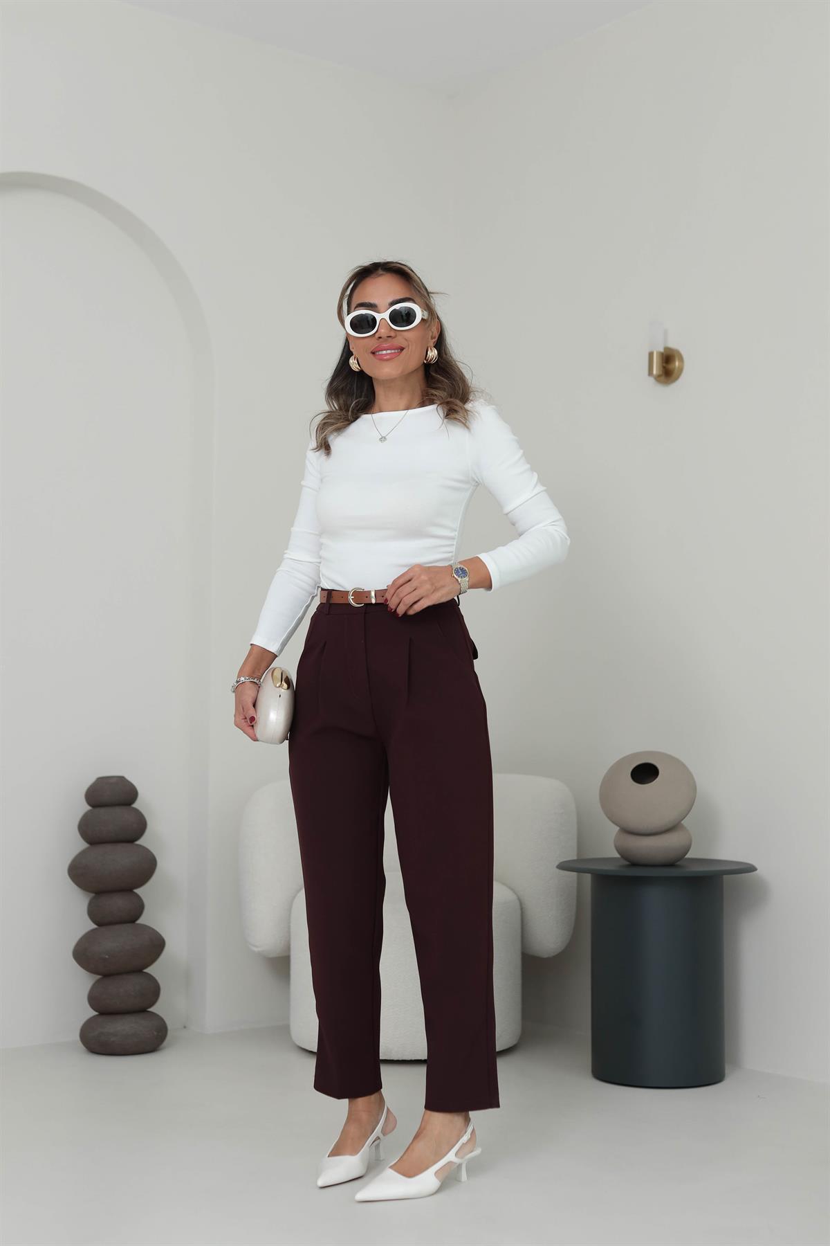 0938K Kemerli Pantolon BORDO
