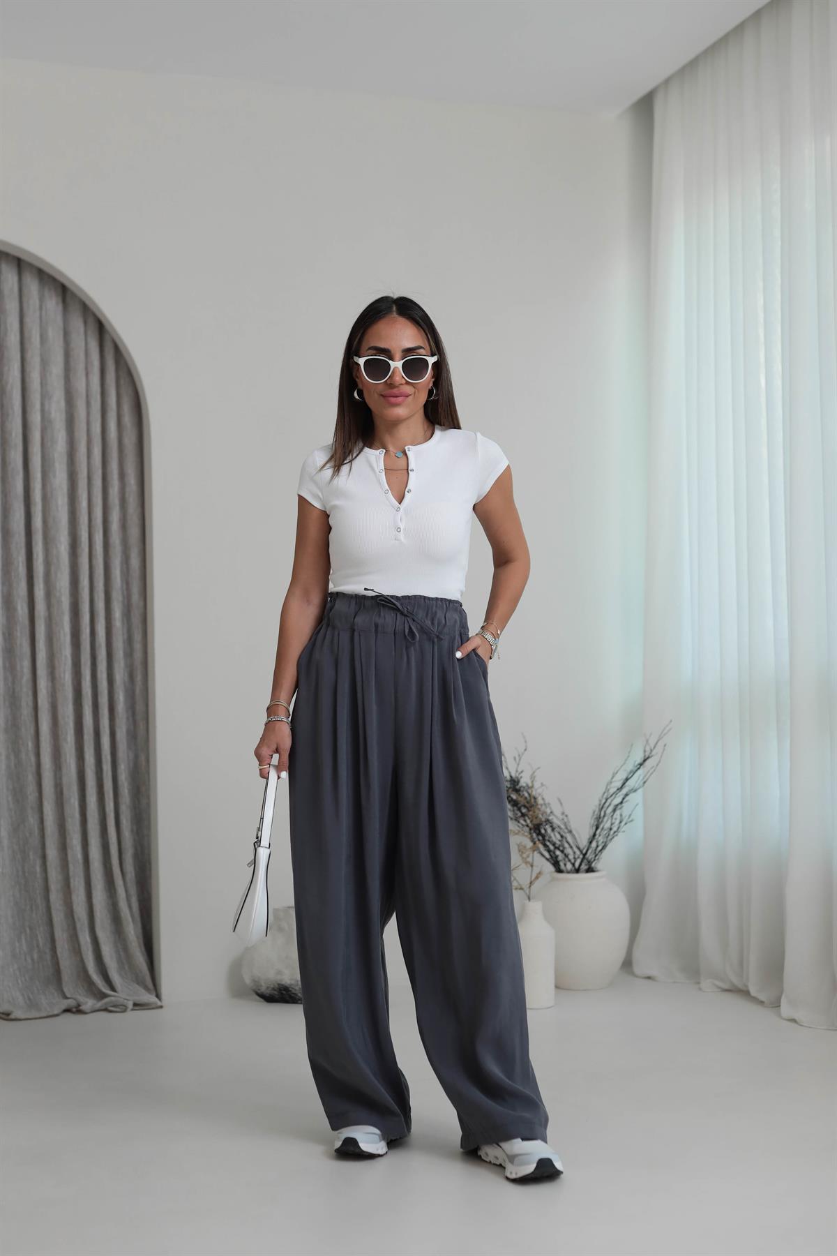 0165 Yüksek Bel Lastikli Bol Paça Tencel  Pantolon FÜME