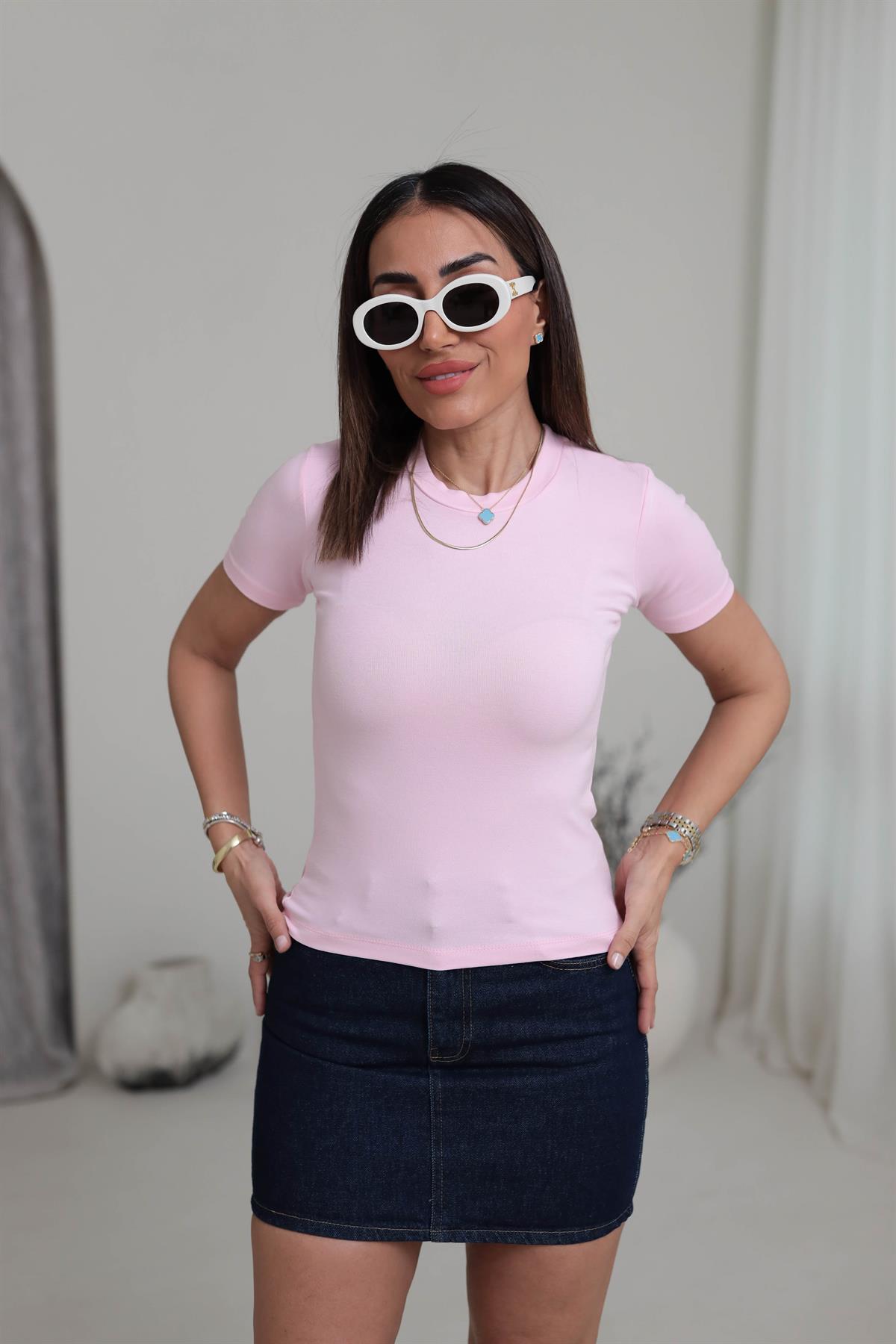 Yumuşak Dokulu Bisiklet Yaka Tshirt PEMBE
