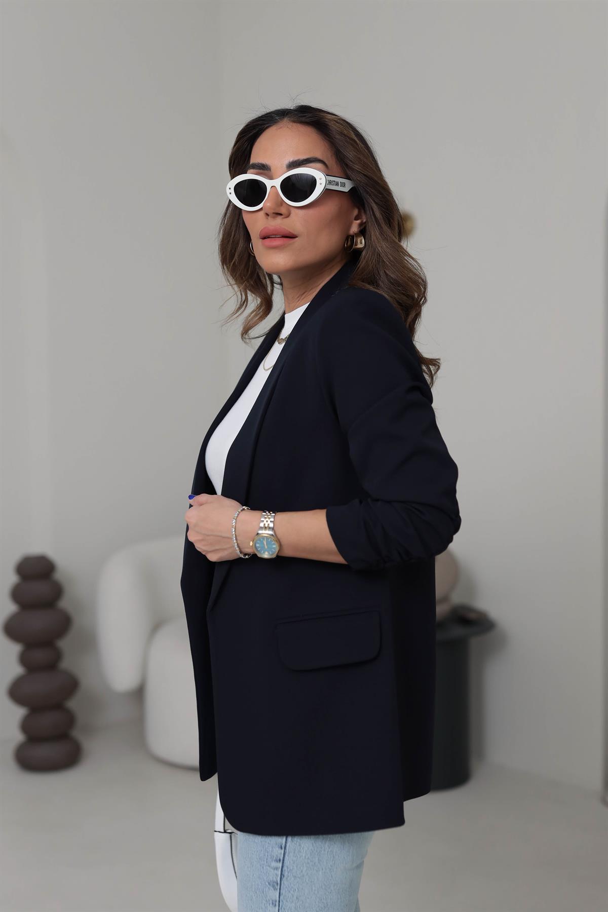 3101K Kol Büzgülü Blazer Ceket LACİVERT