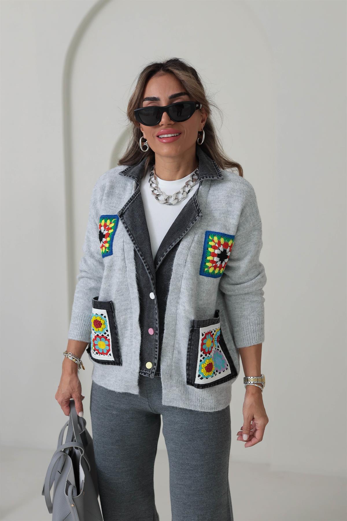 4616 Kot Mixli Nakış İşlemeli Triko Hırka