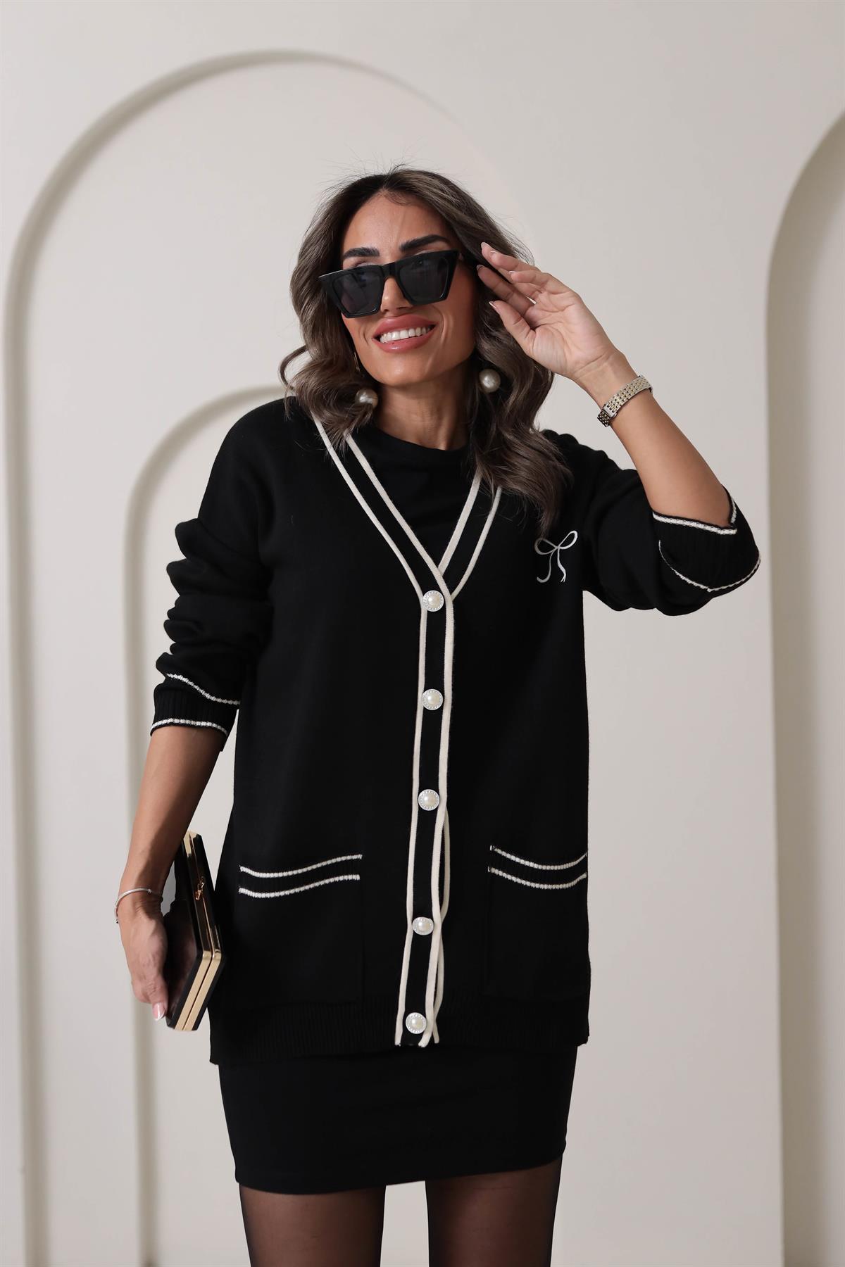 0120 Kurdela Nakışlı İnci Düğmeli Hırka SİYAH