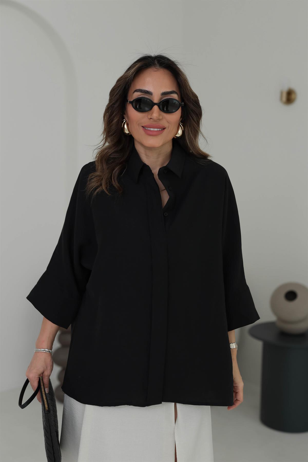 3440 Yarasa Kol Gizli Düğme Detaylı Rahat Gömlek SİYAH