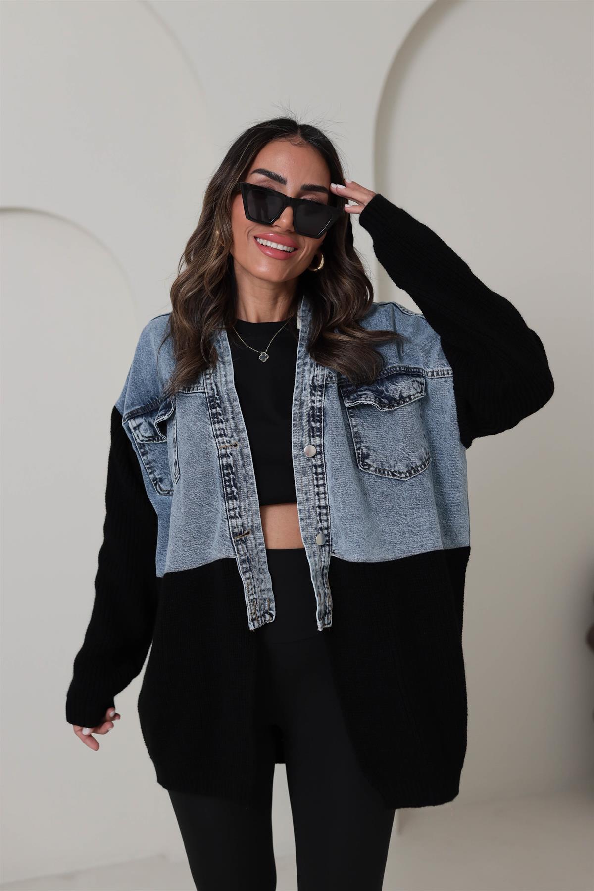 4139 Tasarım Triko ve Kot Garnili Ceket Hırka SİYAH