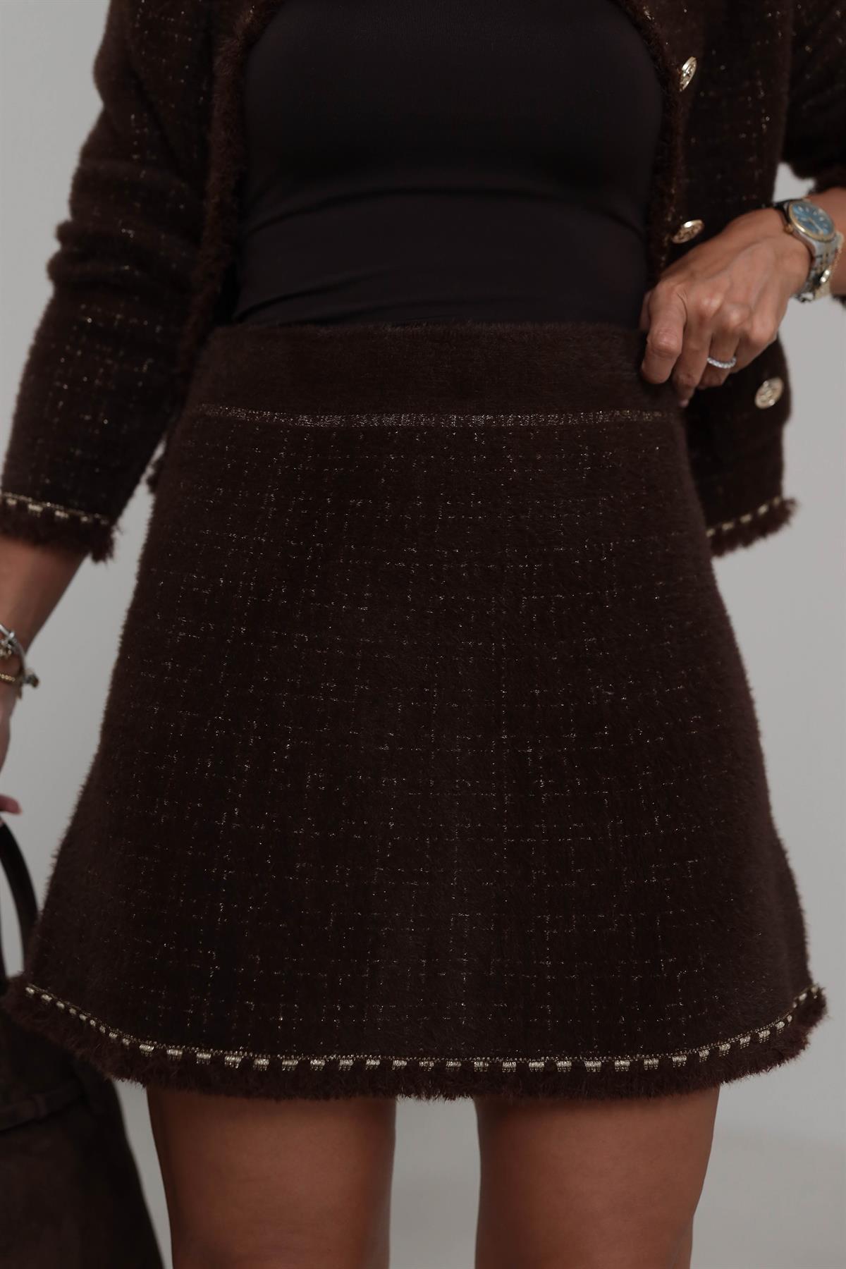 0420 Püskül ve Sim Detaylı Angora Etek ACI KAHVE