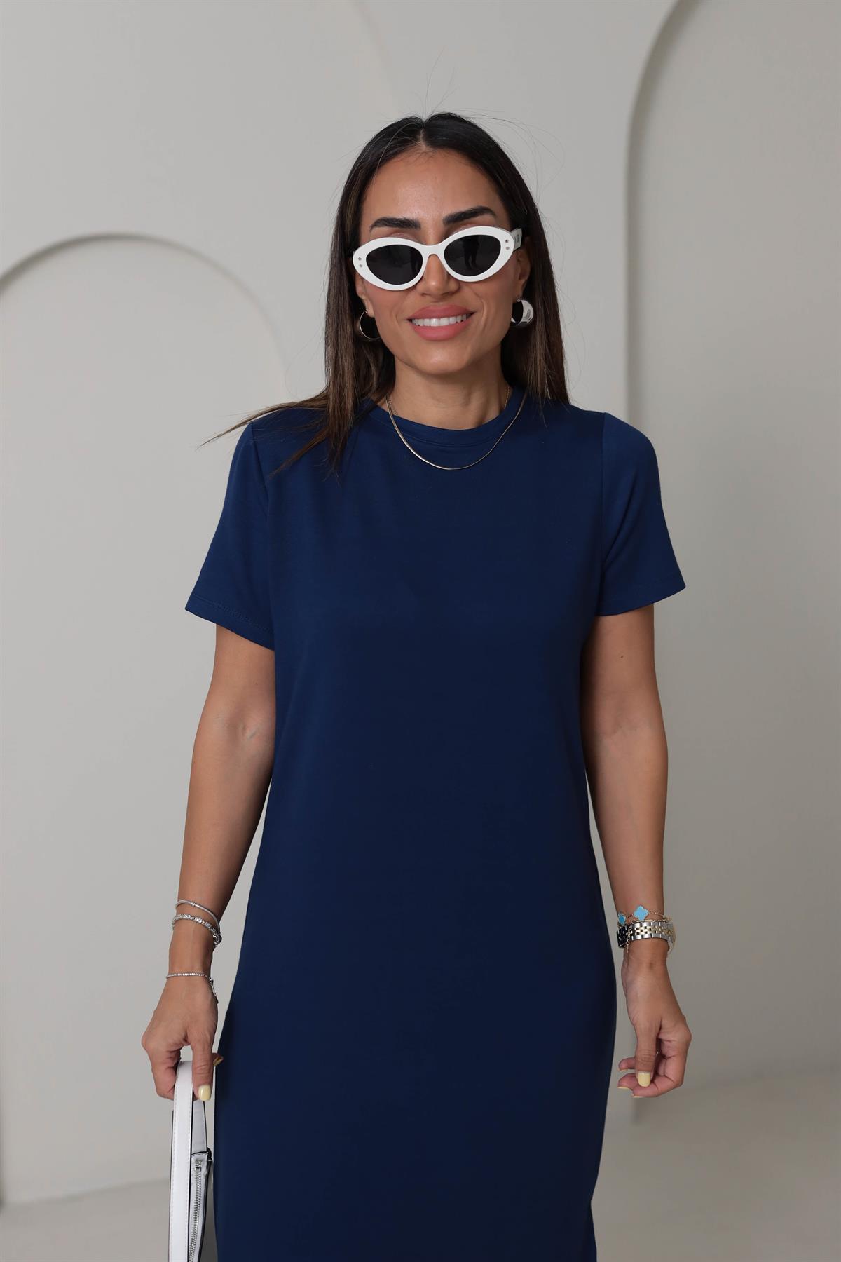 116 Bisiklet Yaka Kısa Kol Yırtmaçlı Modal Elbise LACİVERT