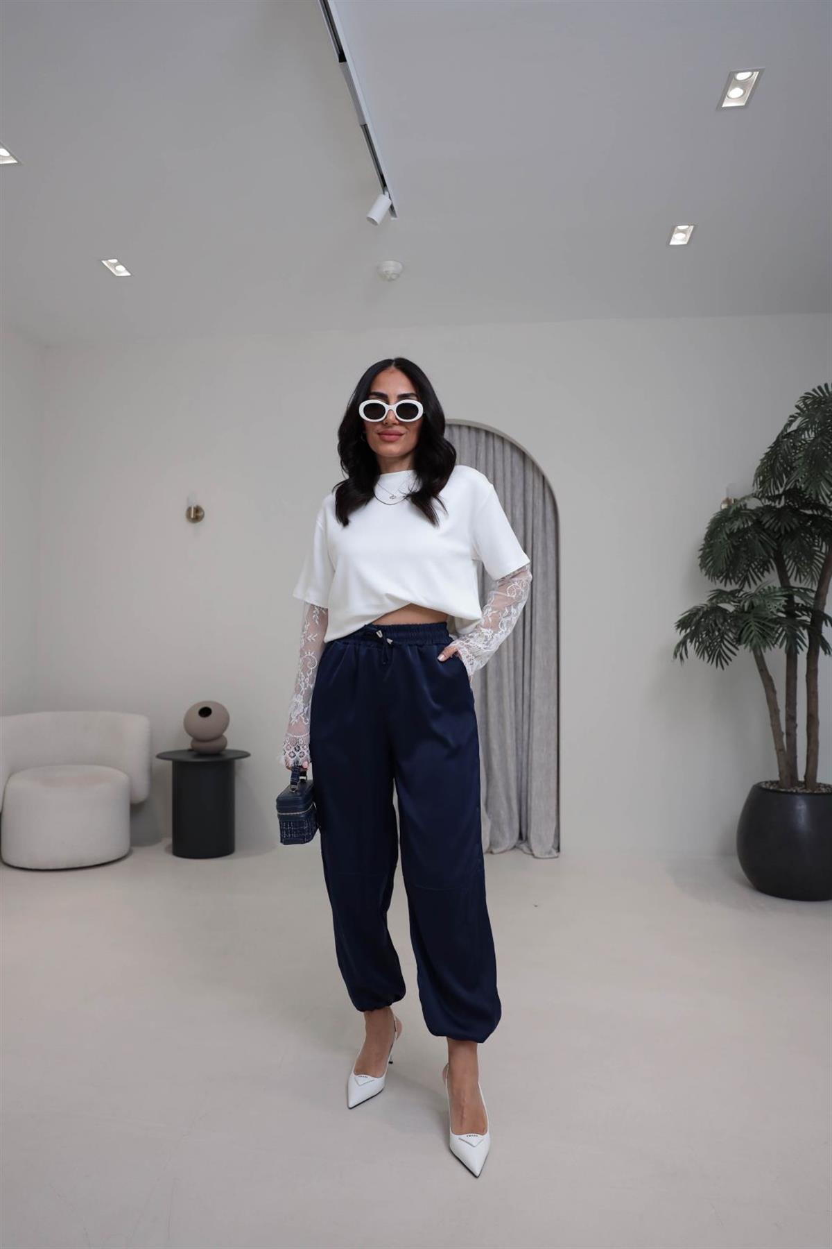 1121 Paça Büzgülü Bel Lastikli Saten Pantolon LACİVERT