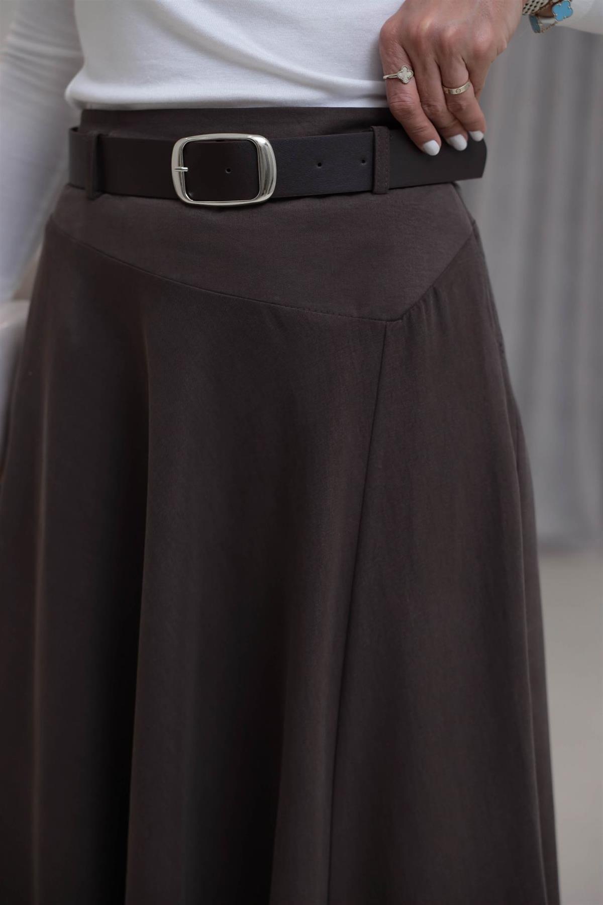 0670 Asimetrik Dikiş Detay Kemerli Kloş Etek KAHVE