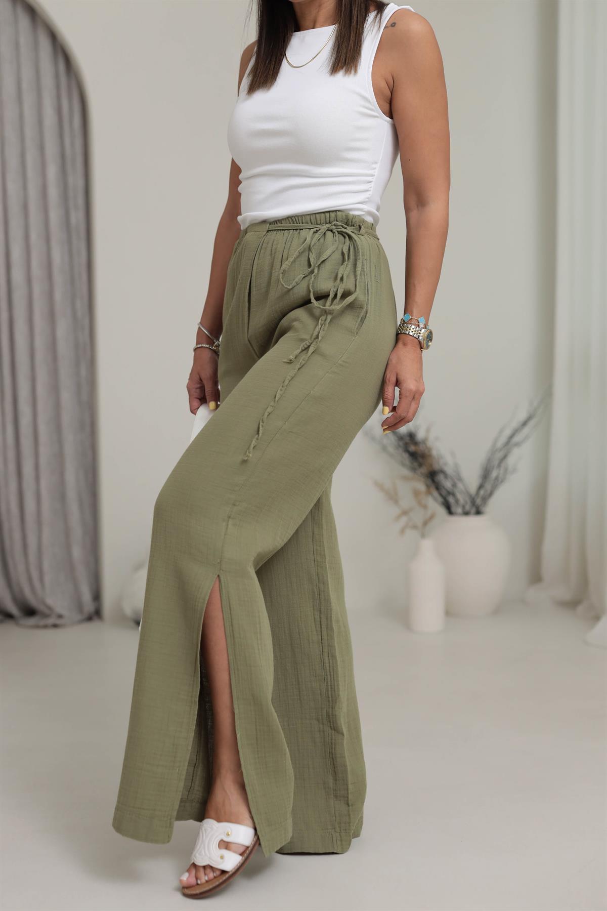 8028 Paça Yırtmaçlı Müslin Pantolon YEŞİL