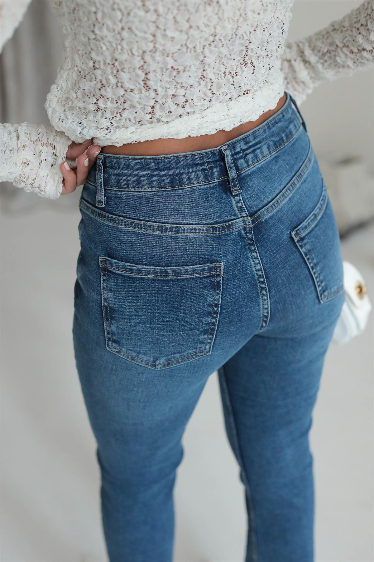 ZA Lazer Kesikli Boyfit Jean KOYU MAVİ