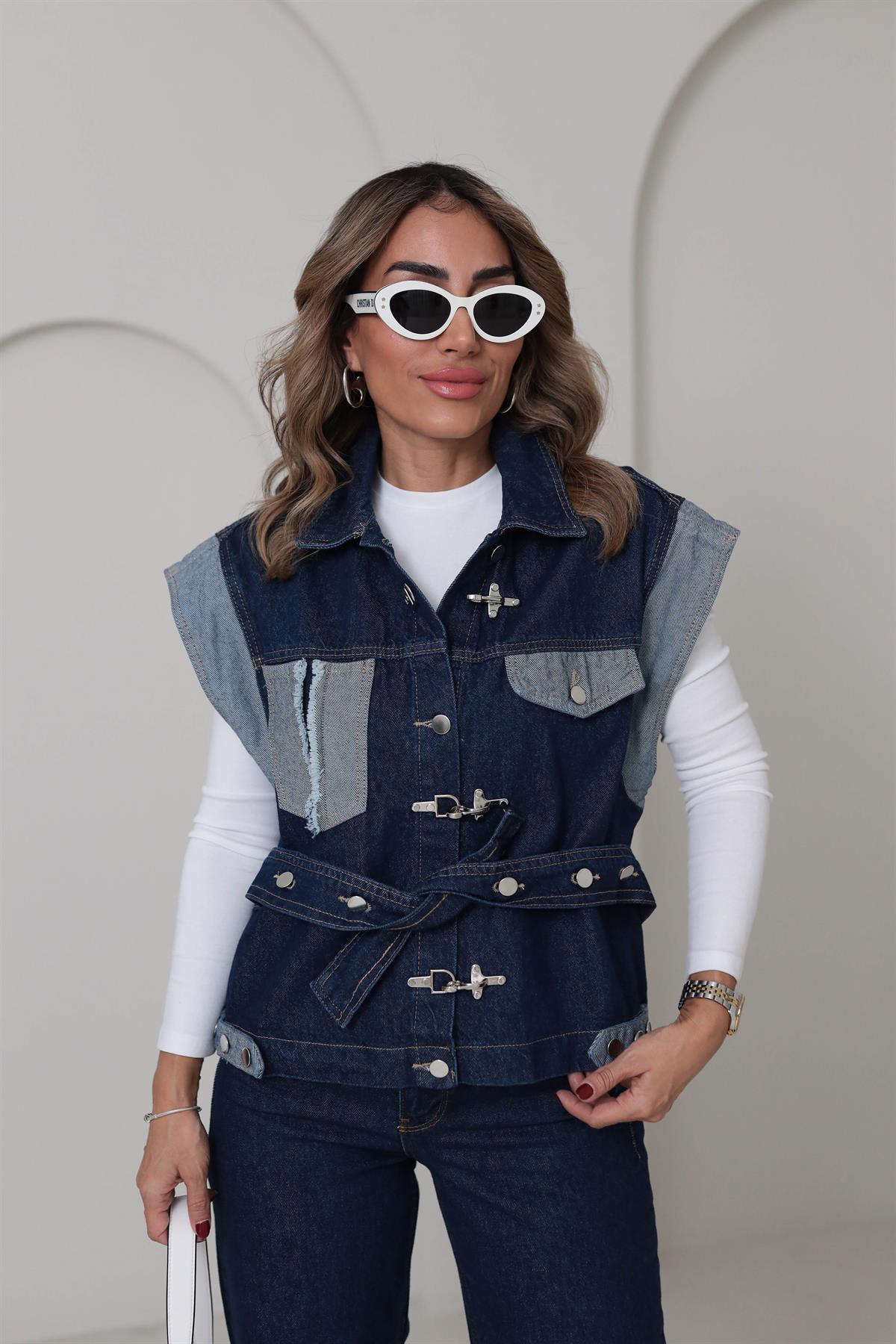 5436 Tasarım Kot Yelek MAVİ