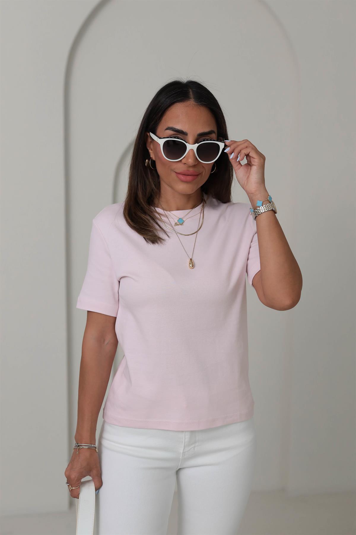 1075 Bisiklet Yaka Pamuklu Basic Tshirt PUDRA