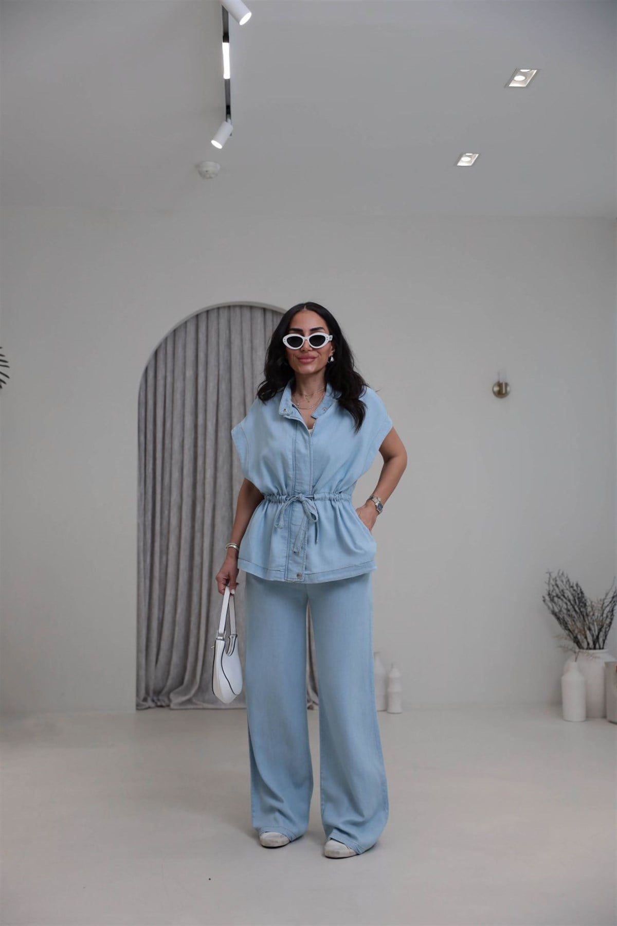 7368 Kendinden Kemerli Çıtçıt Detaylı Kolsuz Tencel Takım AÇIK MAVİ