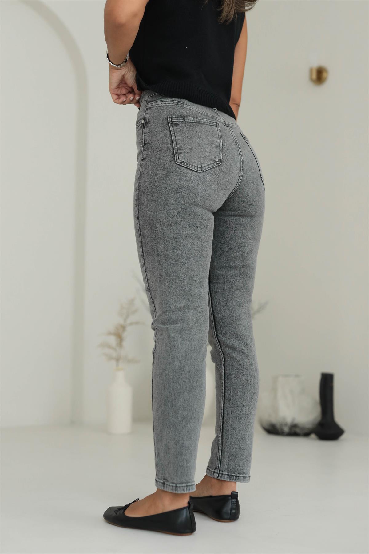 1696 Kar Yıkama Antrasit Likralı Mom Jean