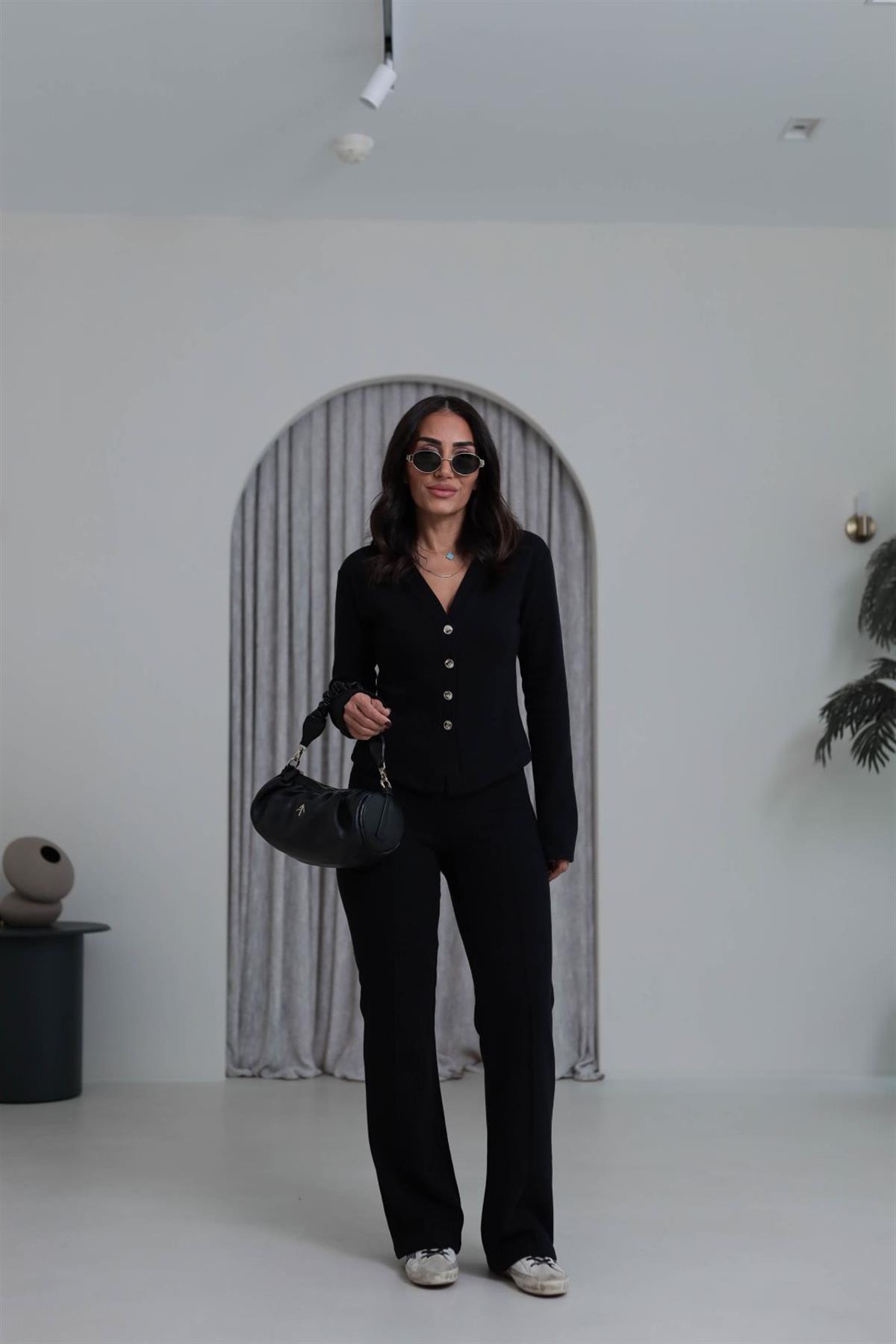 Gold Düğmeli V Yaka Selanik Hırka Takım SİYAH