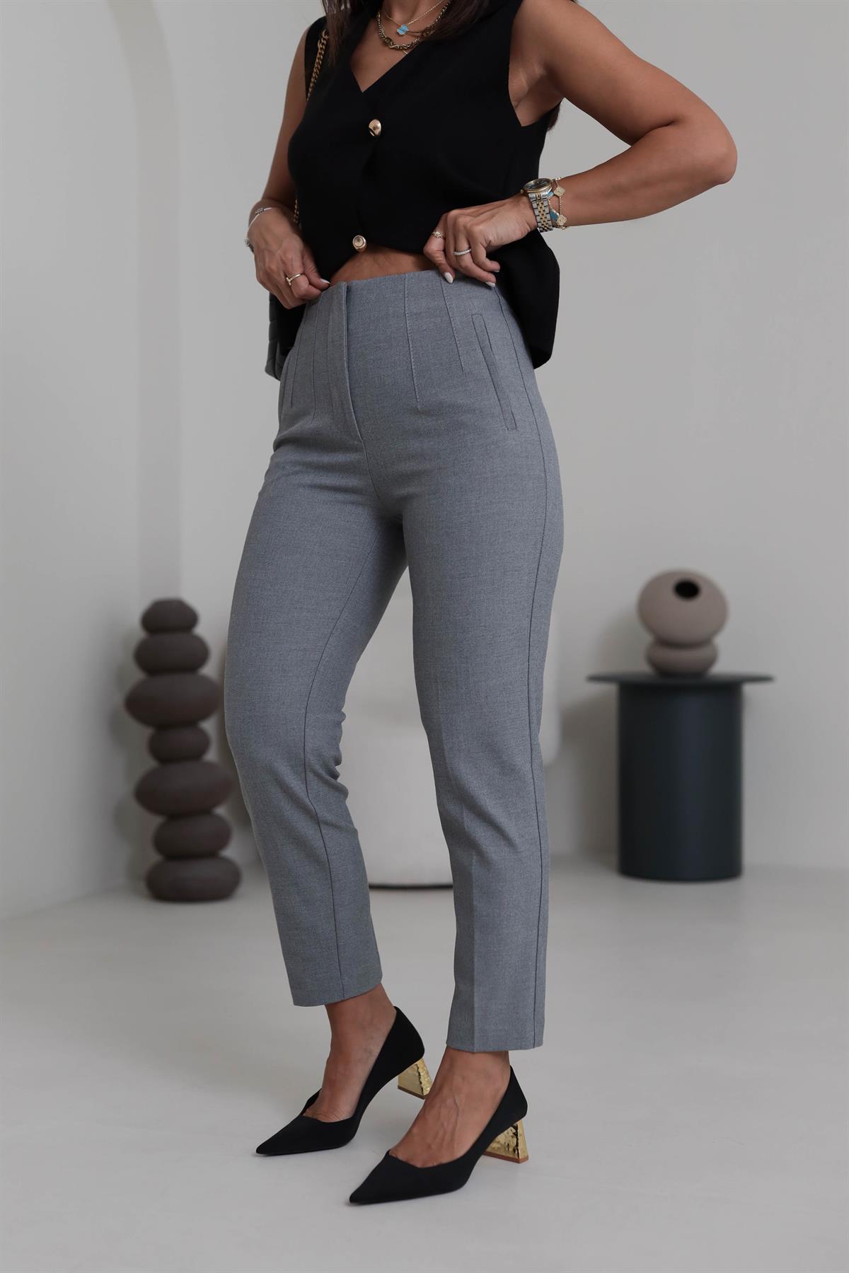 U5113-K Önü Flotalı Kumaş Pantolon KIRÇILLI GRİ