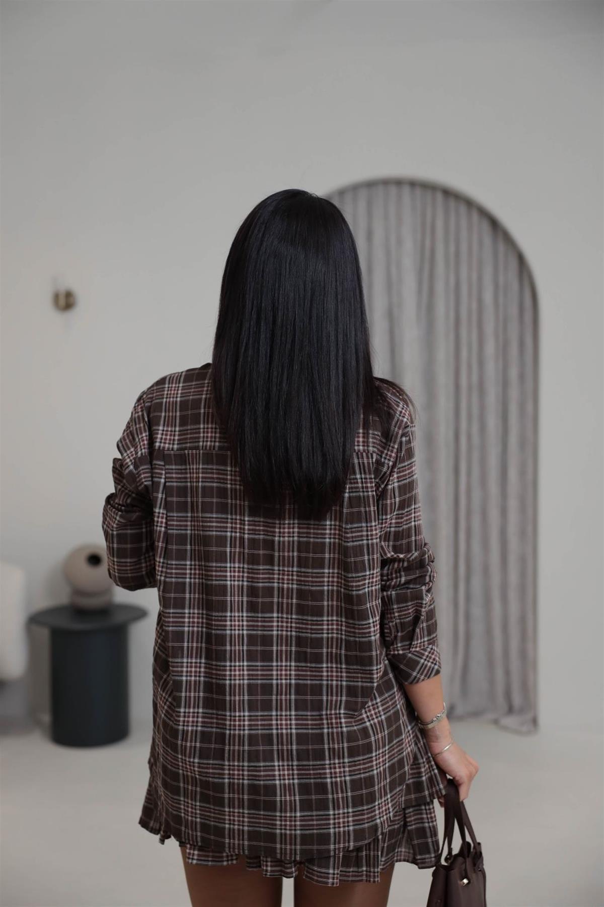 3218 Ekose Desenli Gömlekli Etek Takım KAHVE