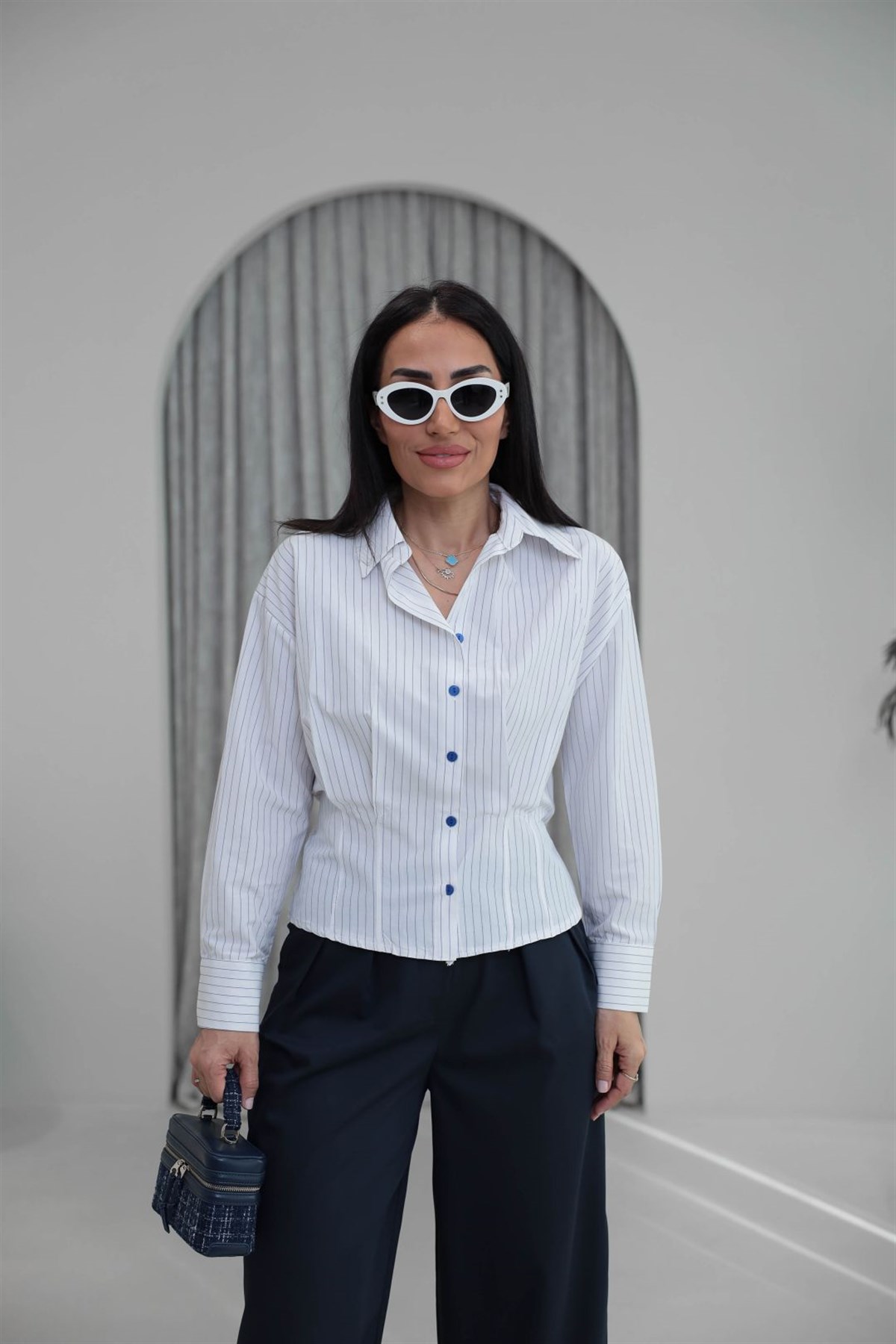 4531 Bel Pensli Çizgili Poplin Gömlek BEYAZ