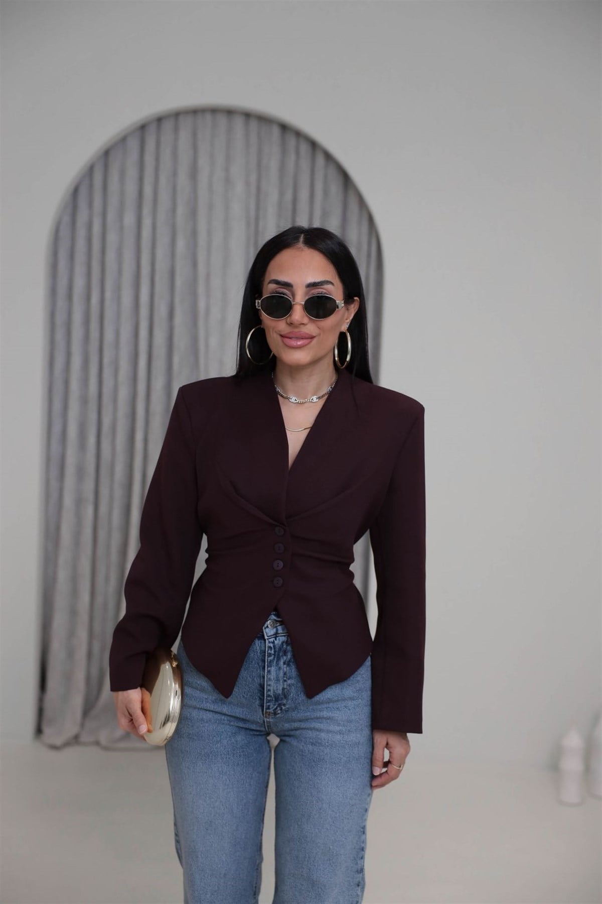 Vatkalı Asimetrik Belden Kuşaklı Ceket BORDO