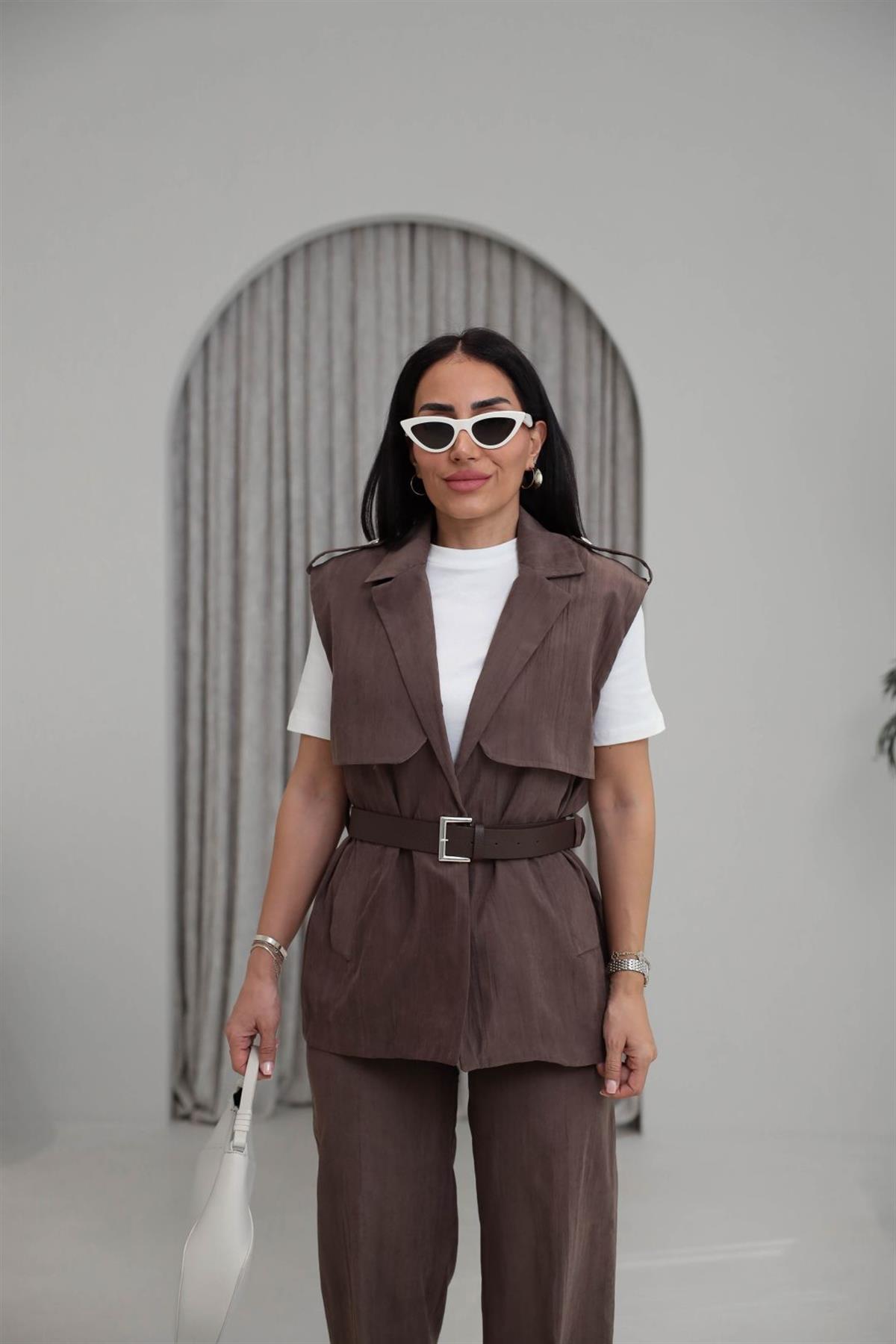 0719 Kemerli Tencel Kumaş Pantolon Yelek Takım KAHVE