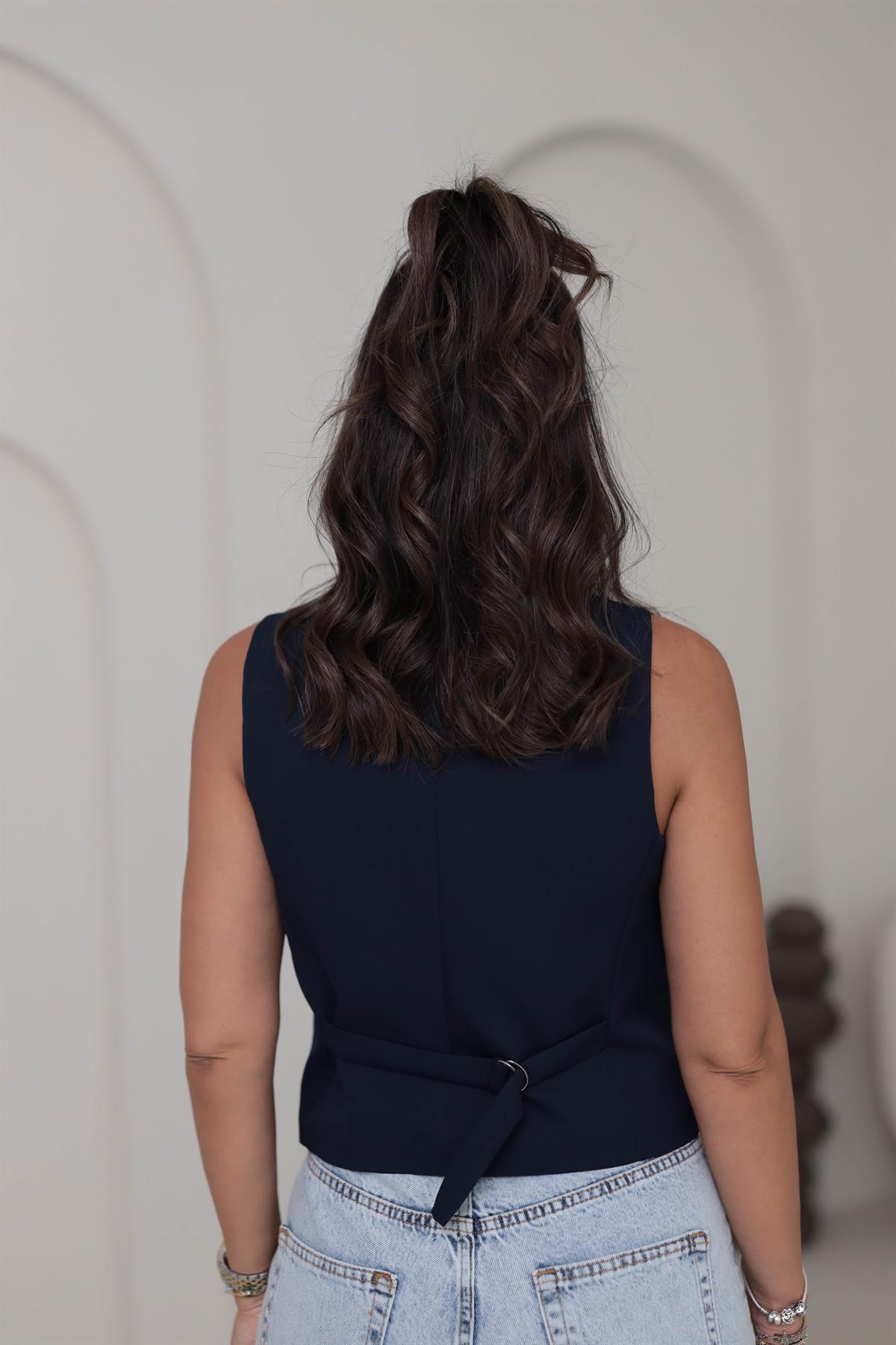 0464 Gümüş Fiyonk Düğmeli Double Yelek LACİVERT