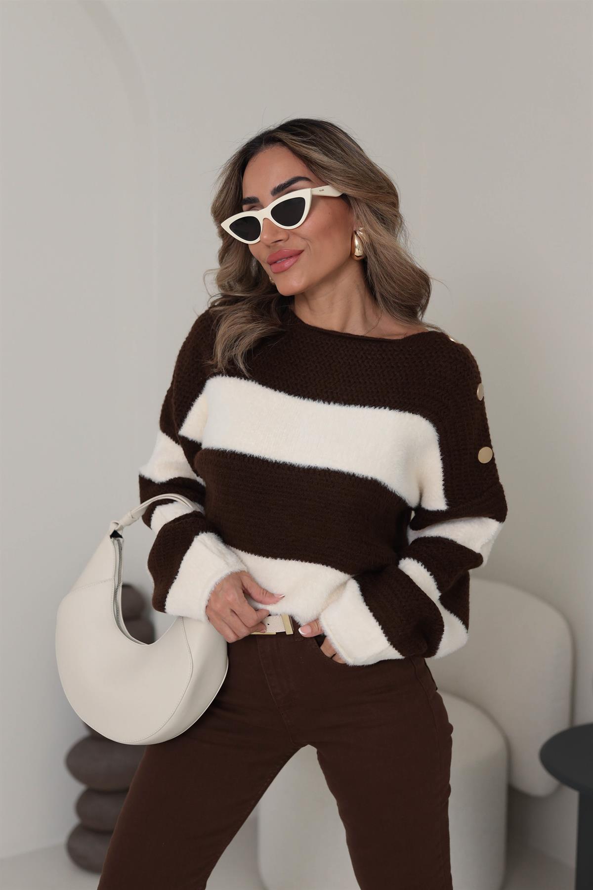 7589 Ters Örgülü Gold Düğme Detaylı Triko KAHVE