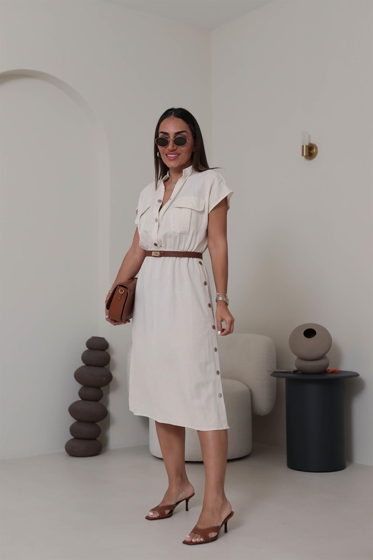 5921 Yan Çıtçıt Detay Elbise NATURAL