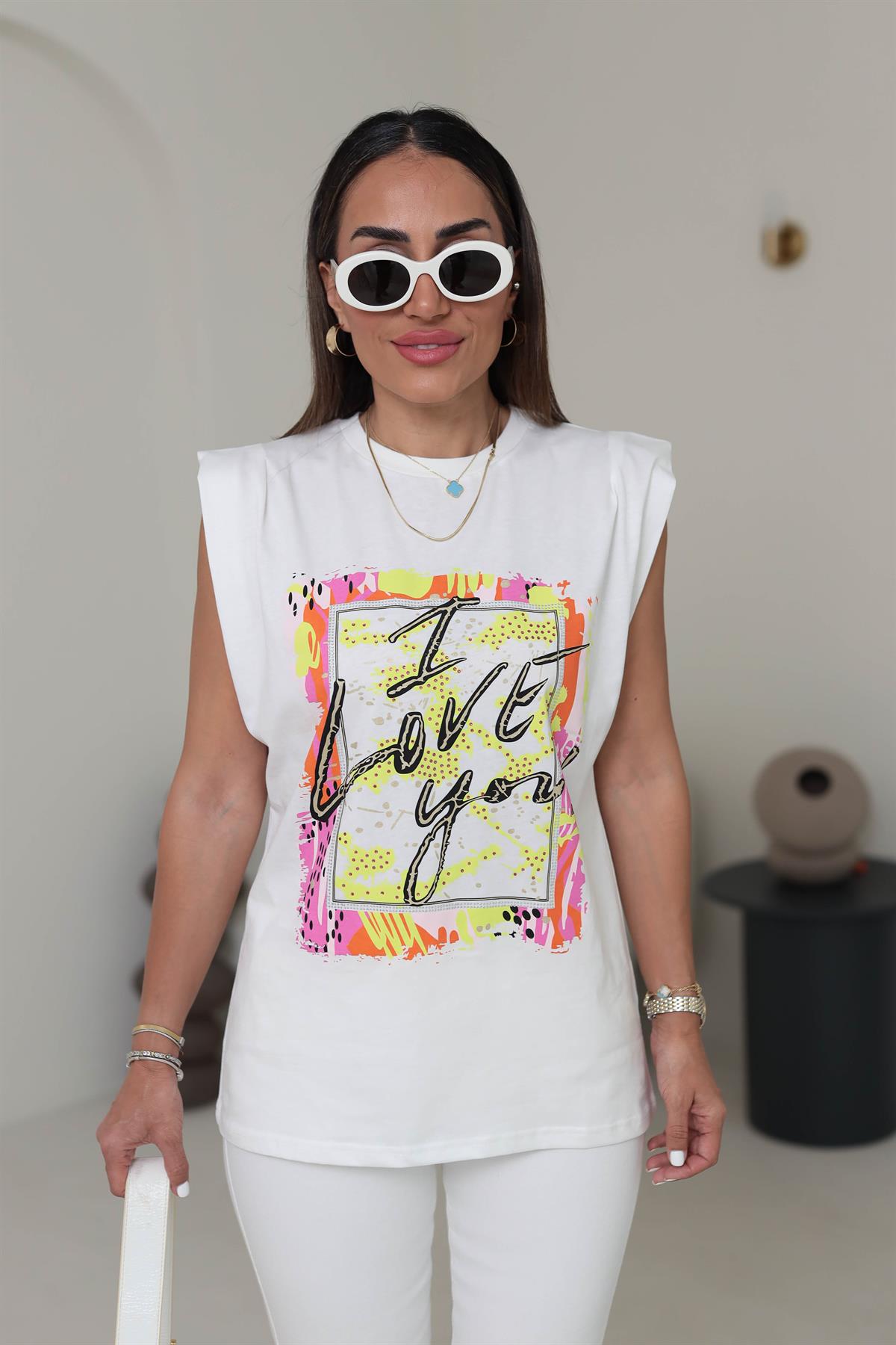 0328 Renkli Desenli Kolsuz Pamuklu Tshirt EKRU