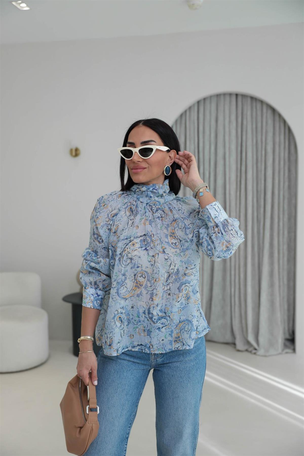 8169 Desenli Şal Yaka Gömlek MAVİ