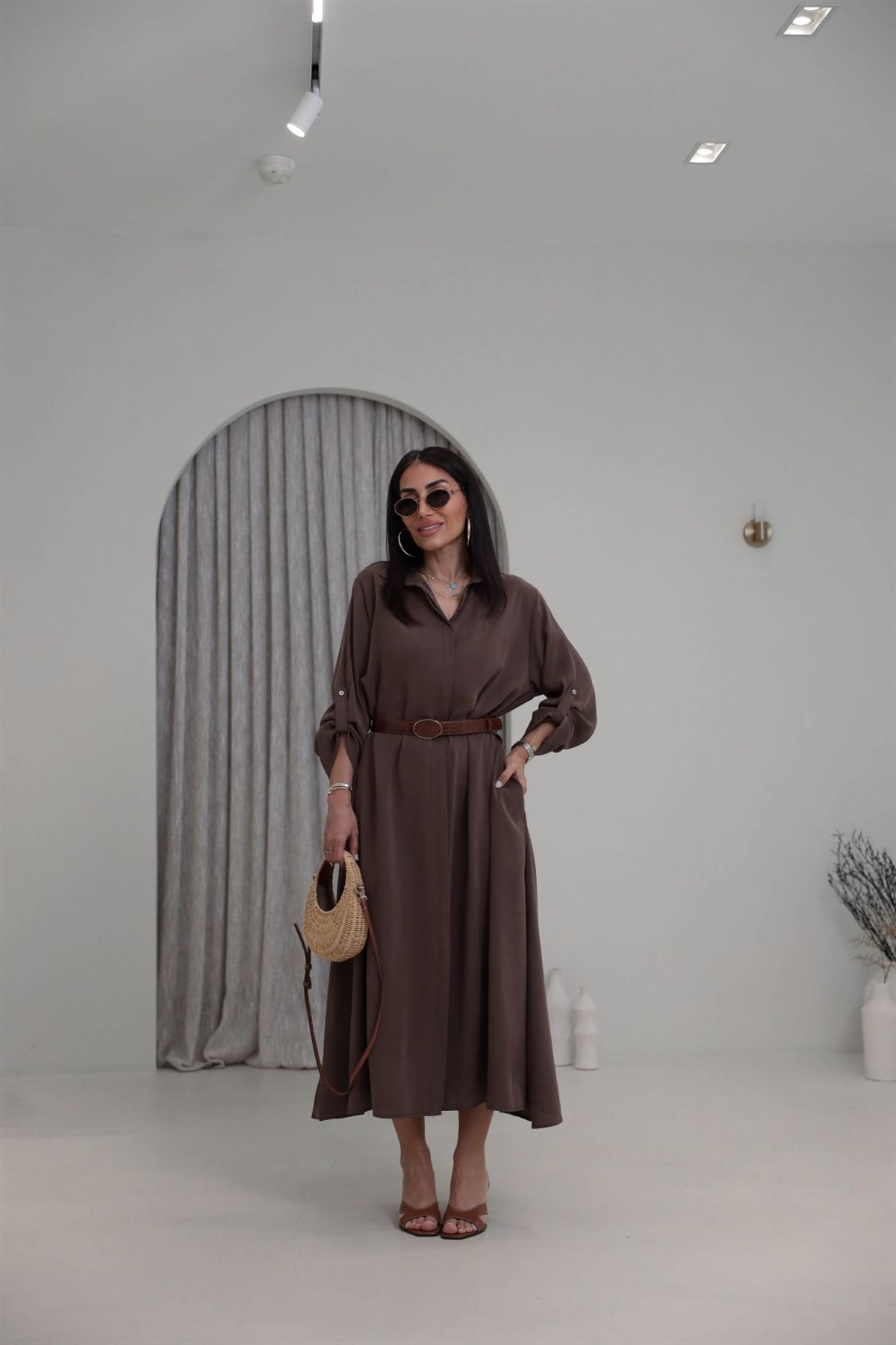 3270 Kemer Detaylı Tencel Kumaş Gömlek Elbise KAHVE