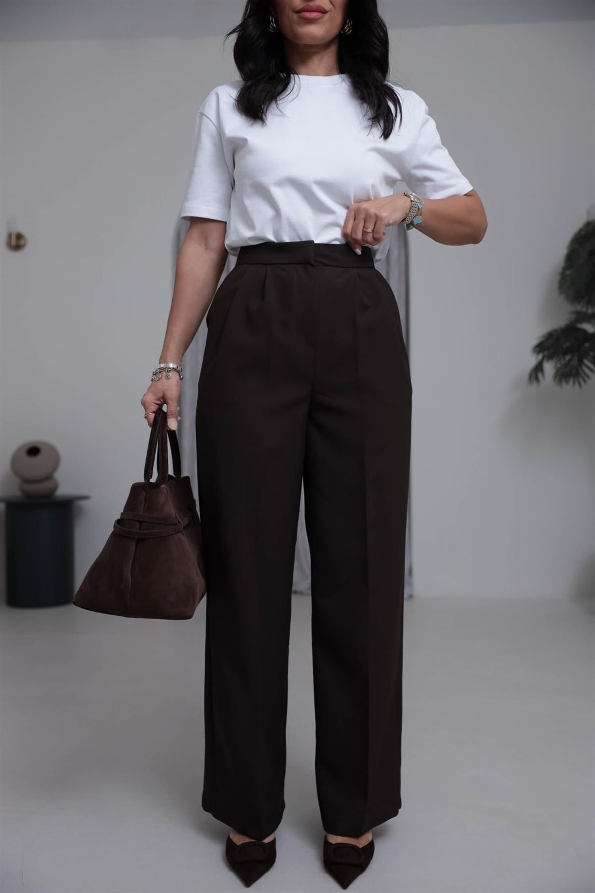 3869 Çift Pilili Kumaş Pantolon KAHVE