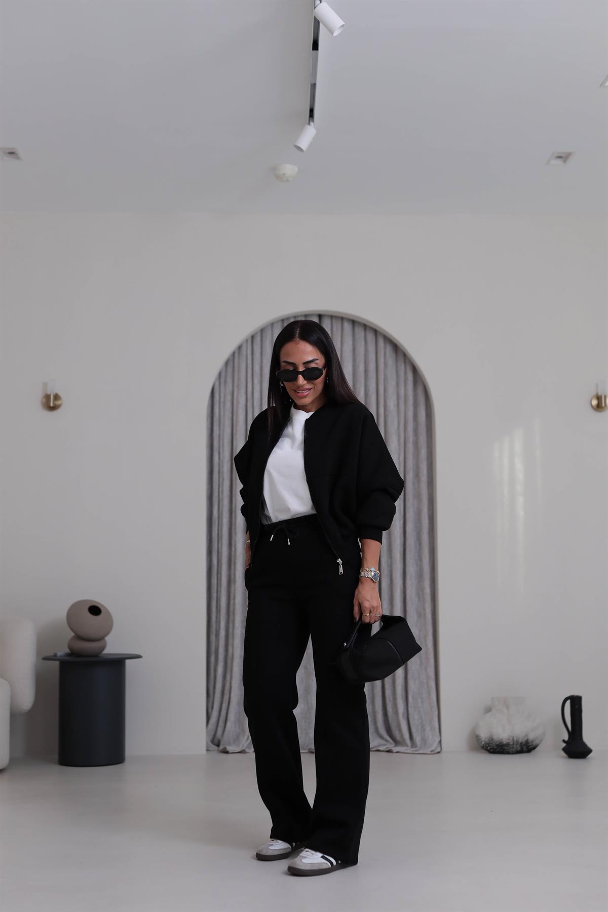 7085 Viral Bomber Ceketli 3 İplik Şardonlu Takım SİYAH