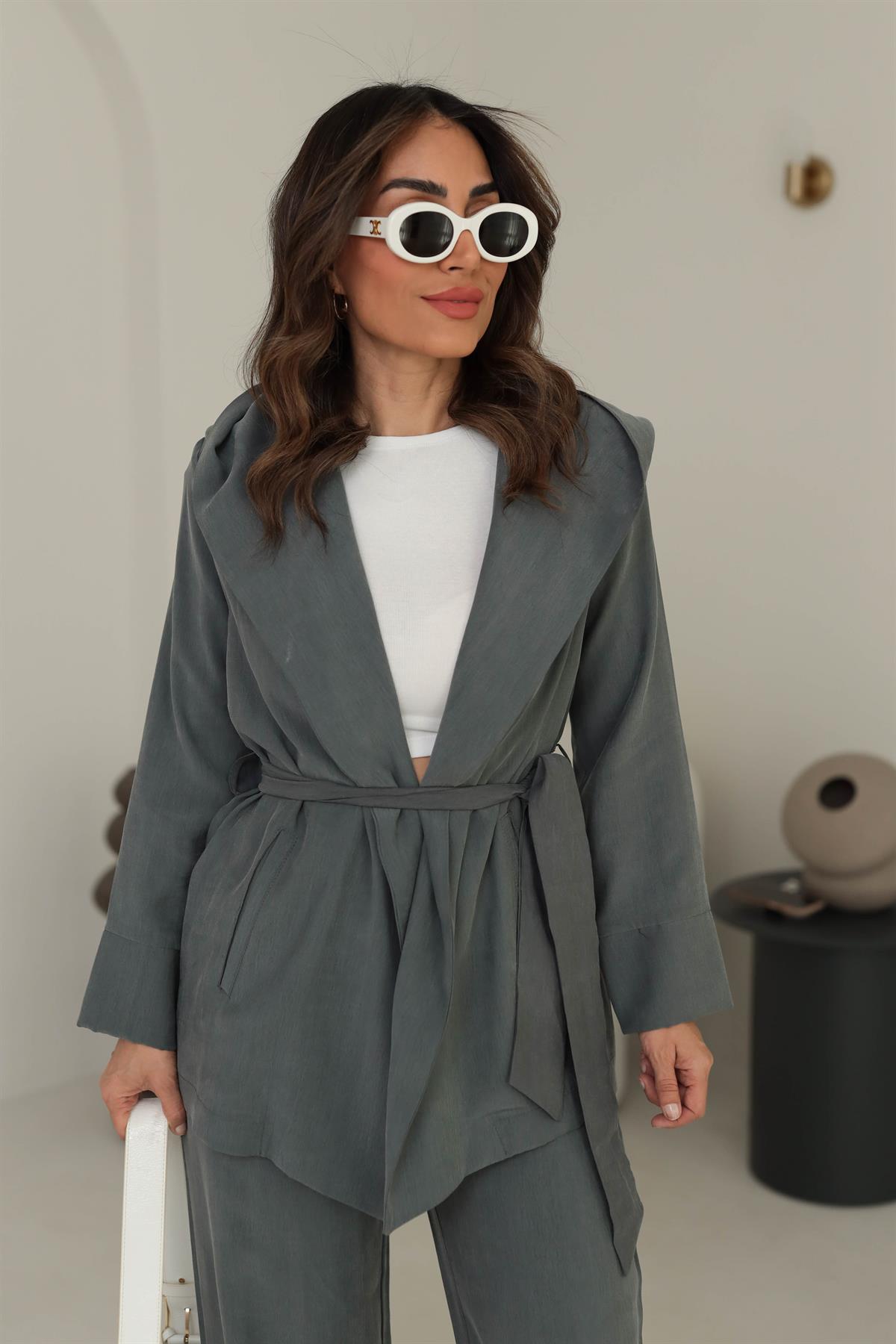 7058 Şal Yaka Kuşaklı Kapşonlu Tencel Kumaş Ceket GRİ