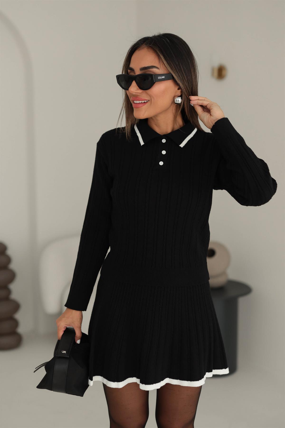 005Y Polo Yaka Renk Biyeli Etekli Takım SİYAH