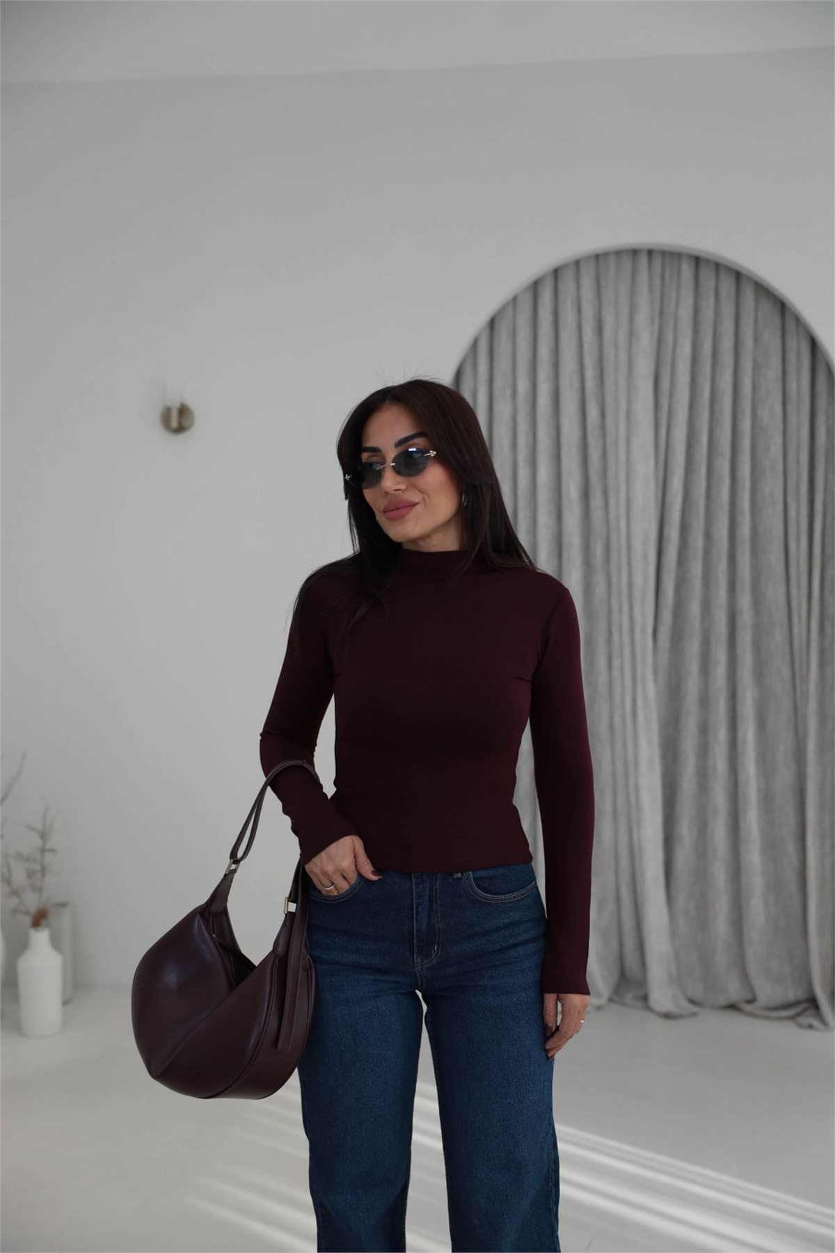 3244 Oys Model Balıkçı Yaka Modal Bluz MÜRDÜM