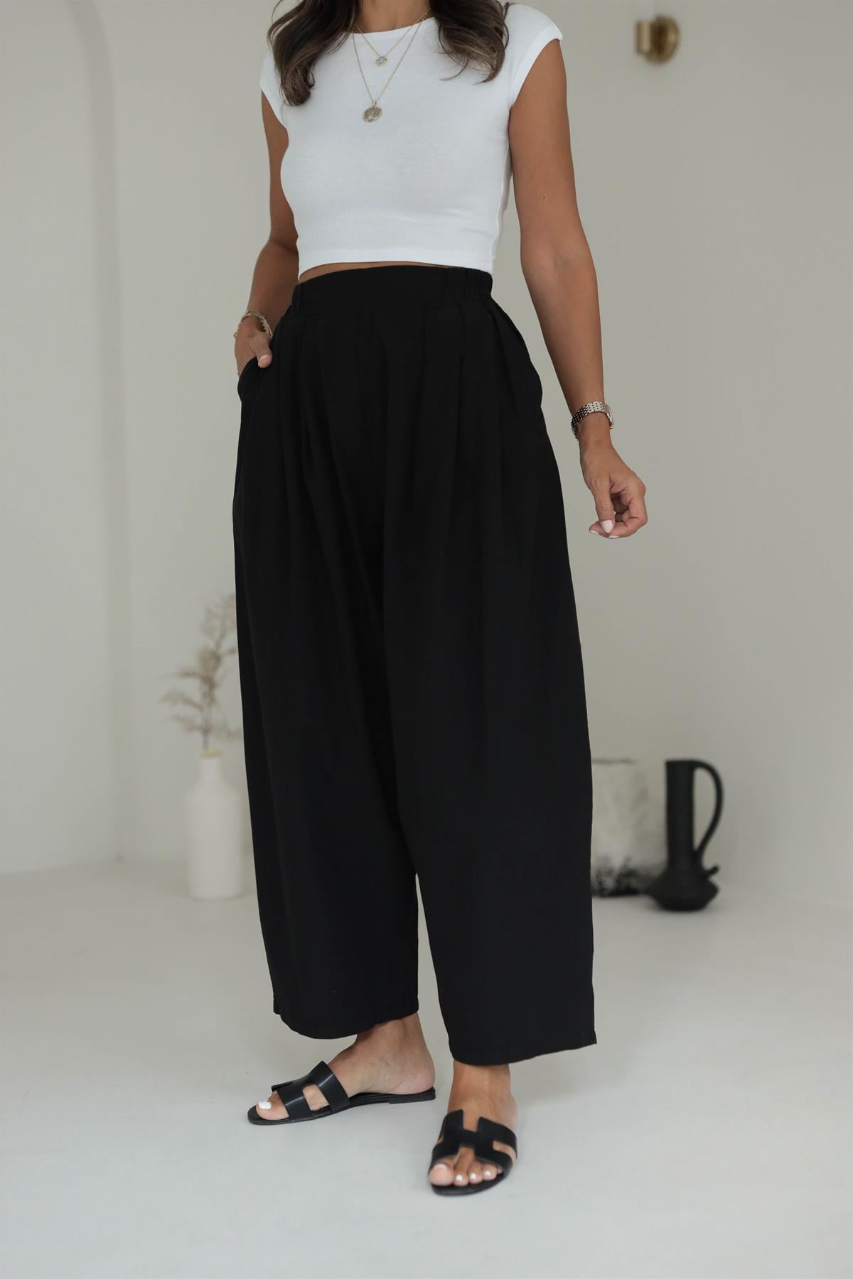 1518 Önden Pileli Salaş Pantalon SİYAH