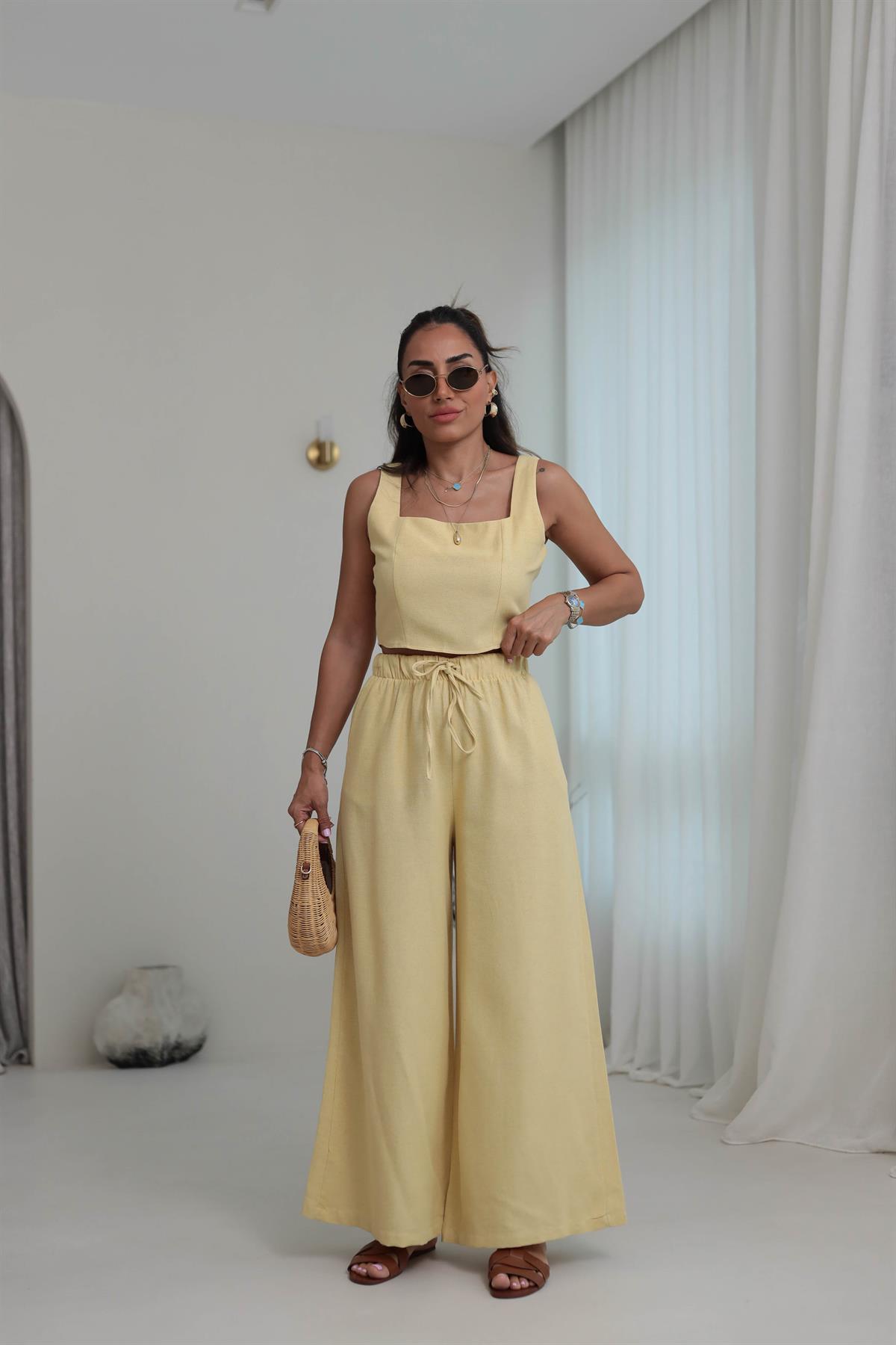 9381 Keten Kare Yaka Büstiyer Pantolon Takım SARI
