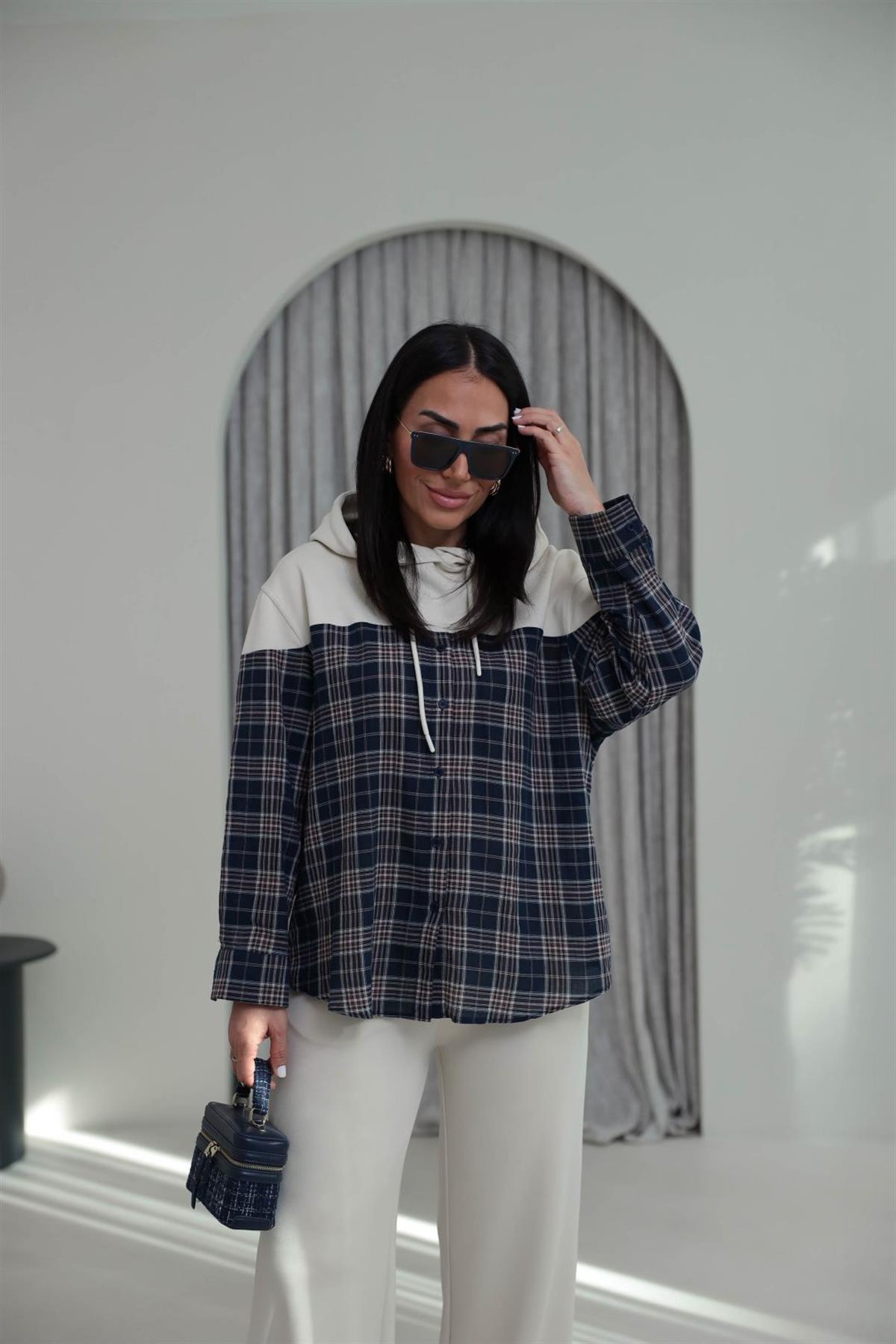 7204 Ekose Gömlek Mixli Modal Takım BEJ