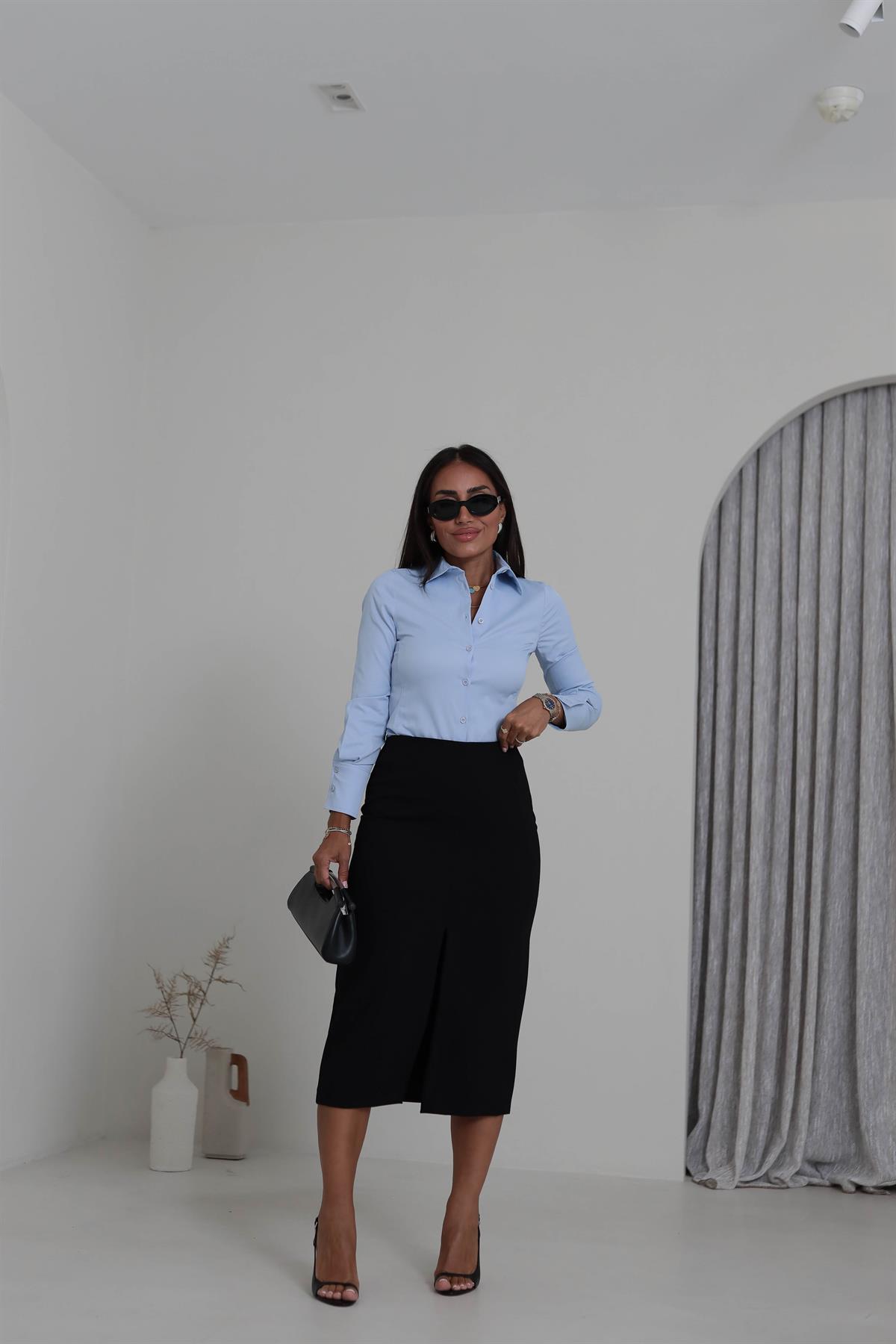 4866K Önden Yırtmaçlı Kalem Etek SİYAH