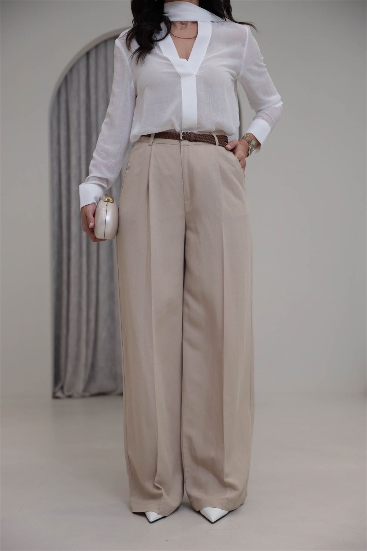 1150 Örme Kemerli Viskon Keten Pantolon BEJ