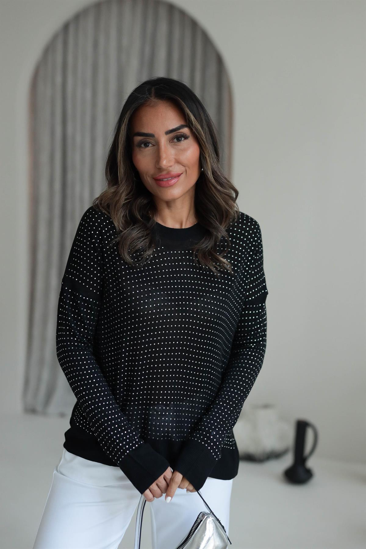 7010 Taşlı Merserize Triko Bluz SİYAH